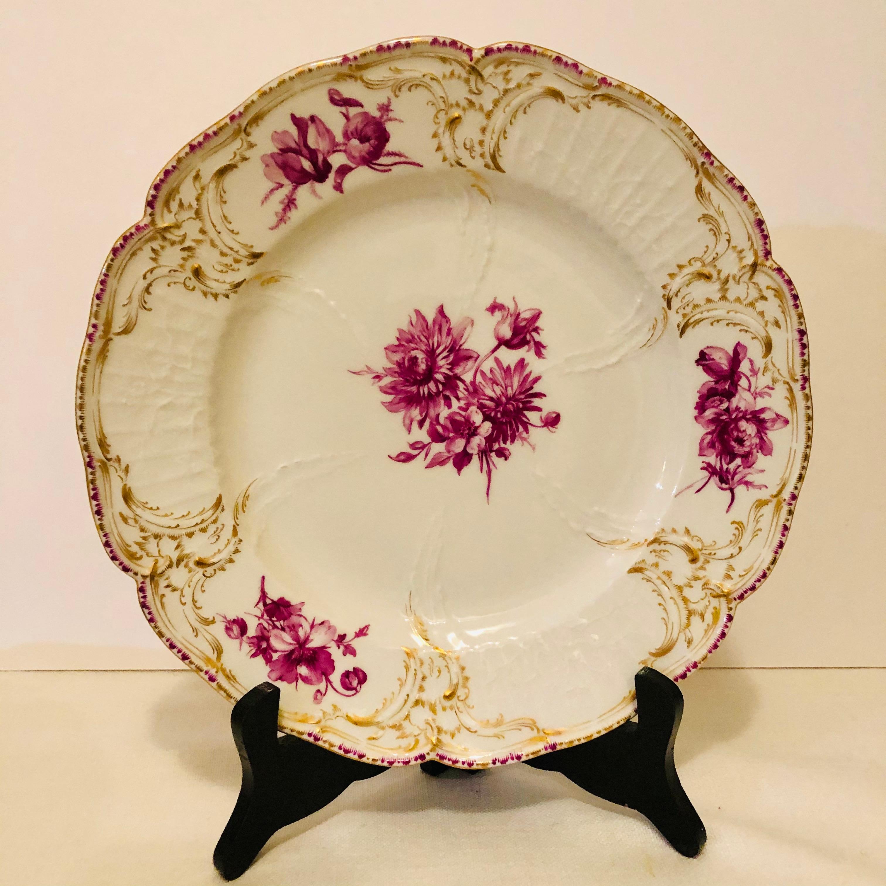 Twelve KPM Dinner Plates Each Painted with a Different Puce Flower Bouquet For Sale 1