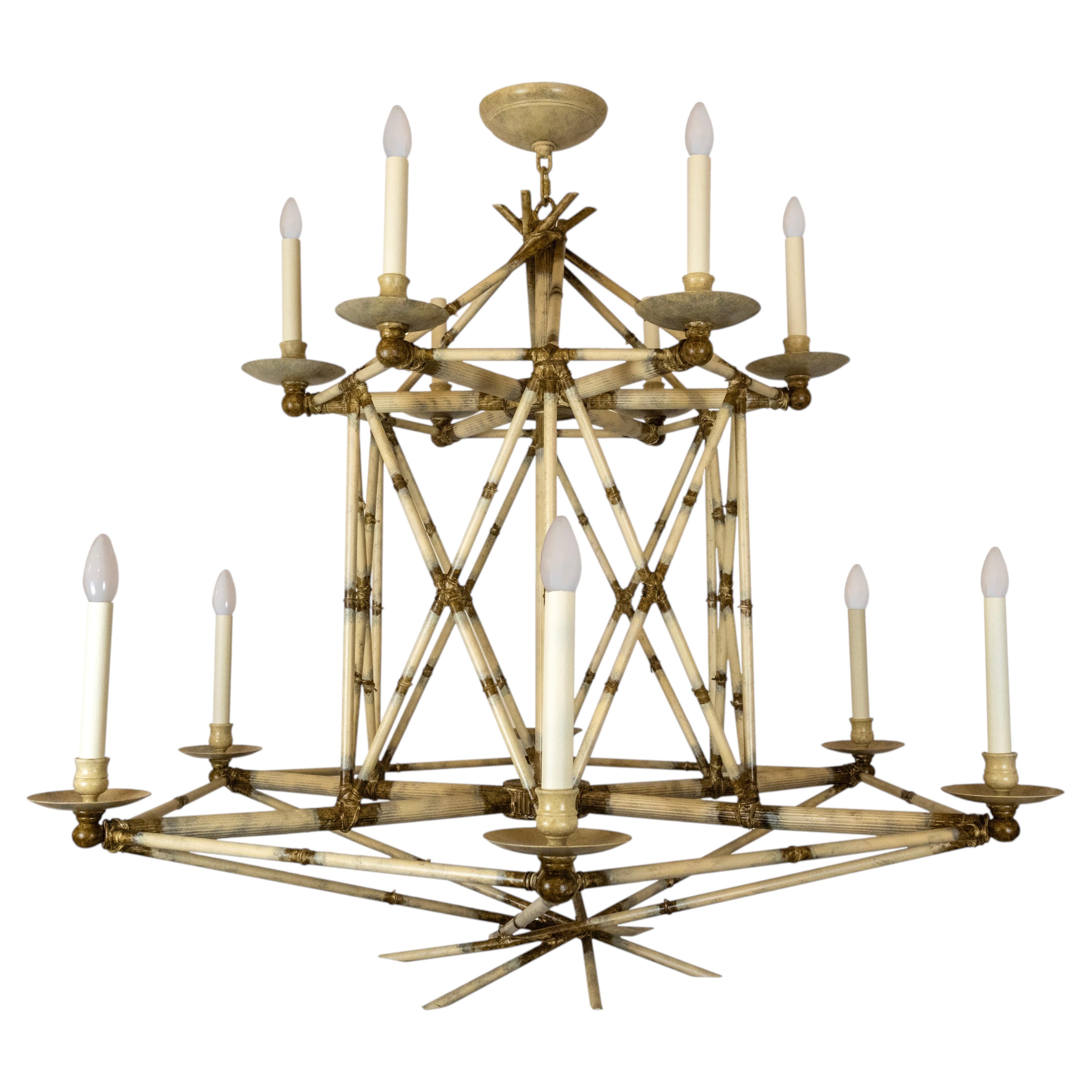 Chandelier à douze lumières en bambou Brûlé par David Duncan Studio