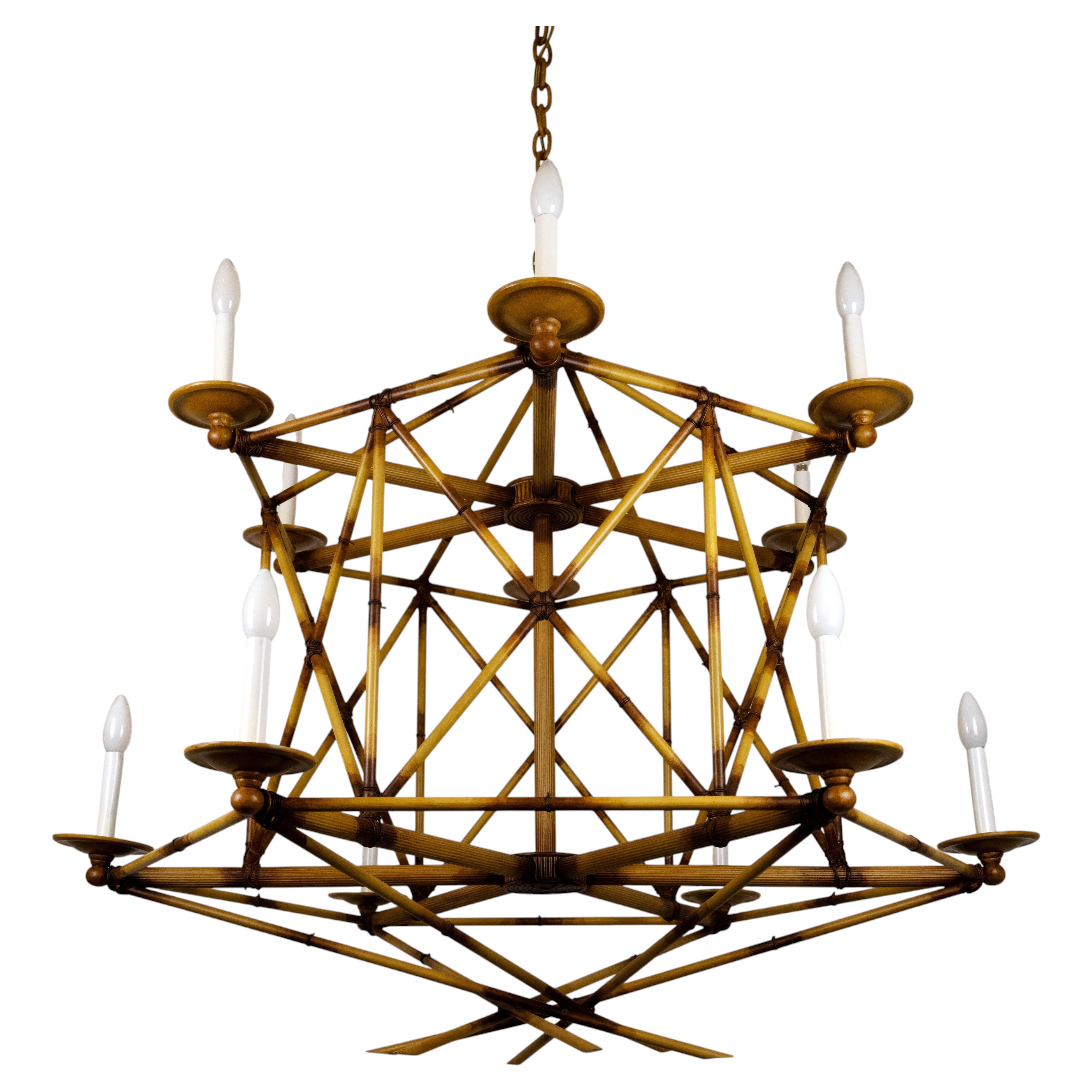Twelve Light Bamboo Brûlé Chandelier by David Duncan Studio For Sale