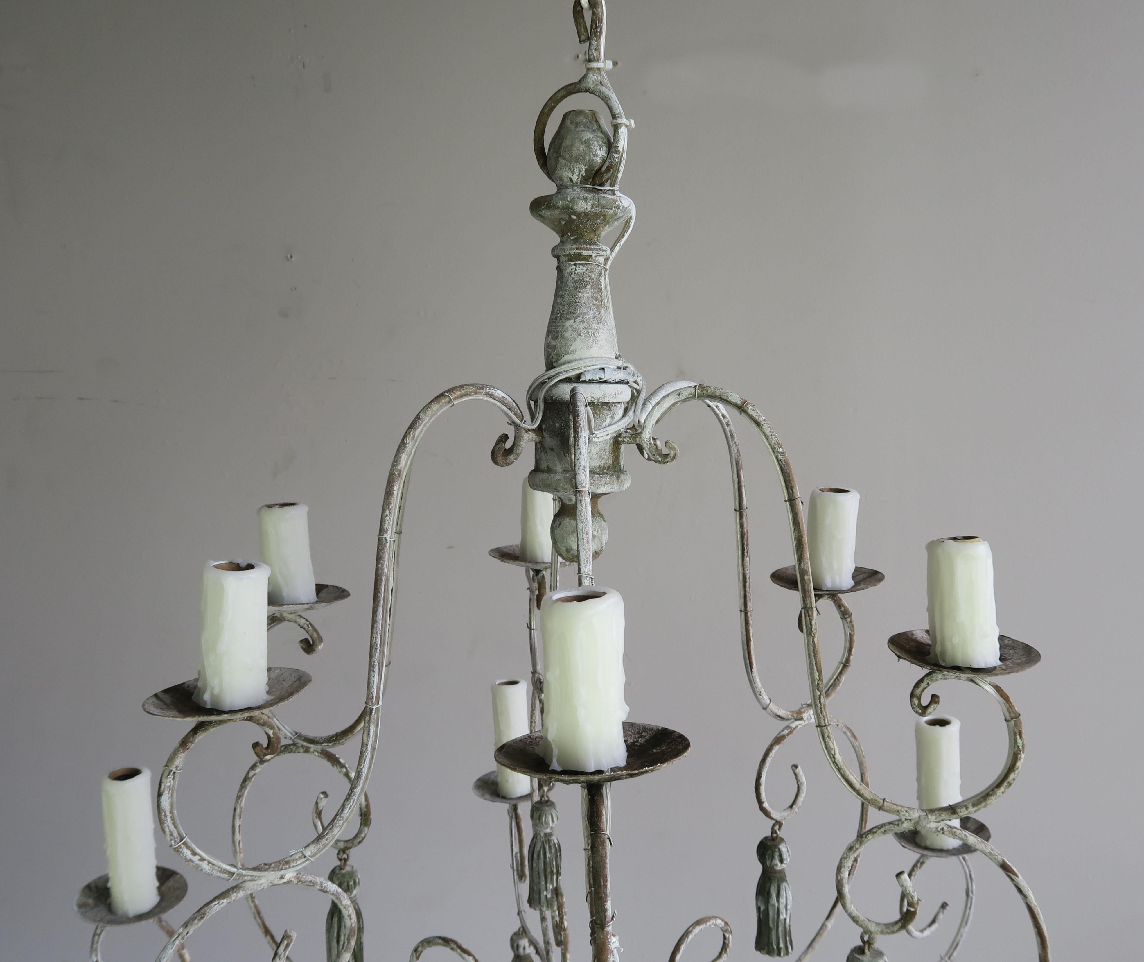 Iron Twelve-Light French Painted Chandelier with Tassels