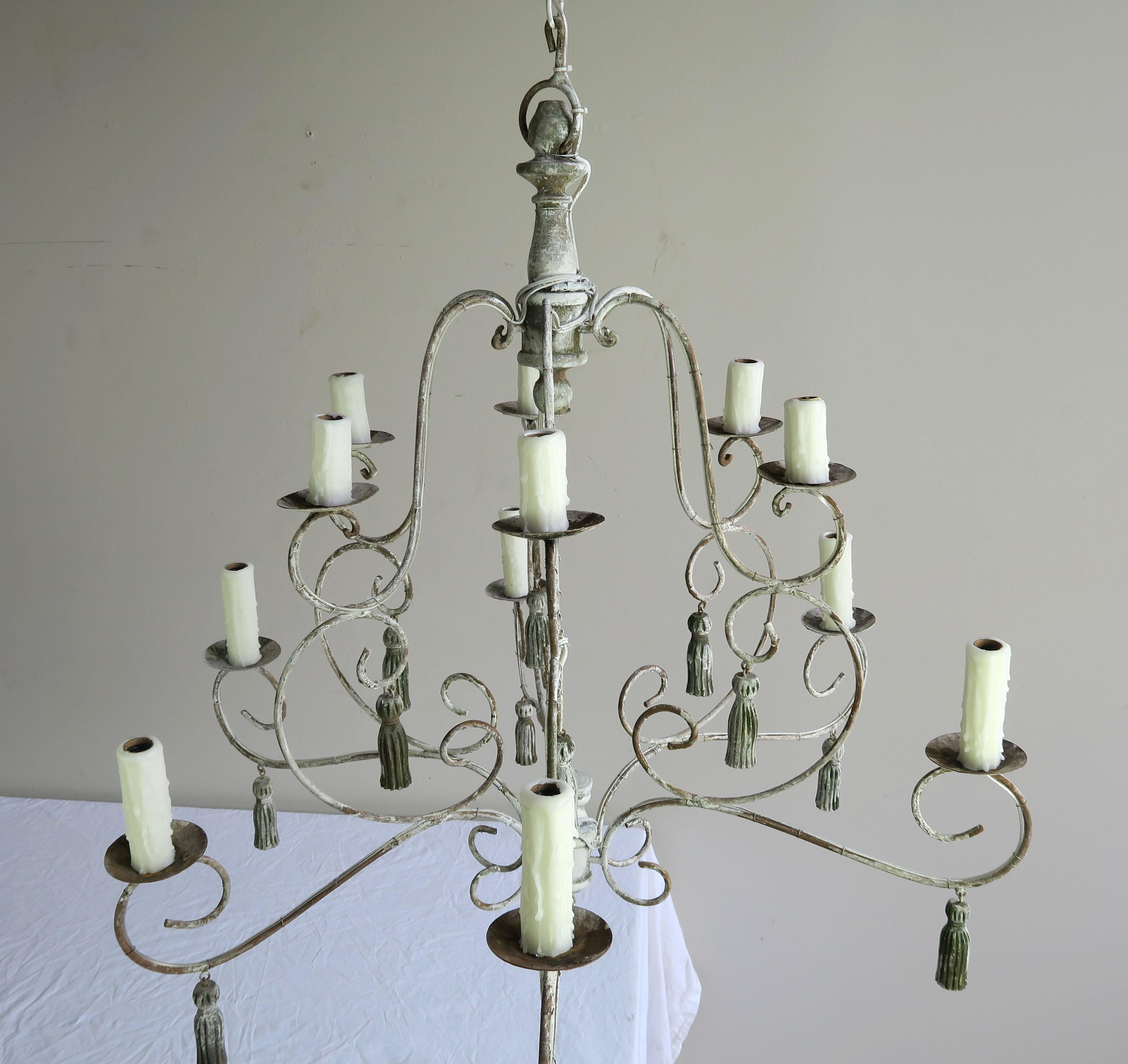 Twelve-Light French Painted Chandelier with Tassels 1
