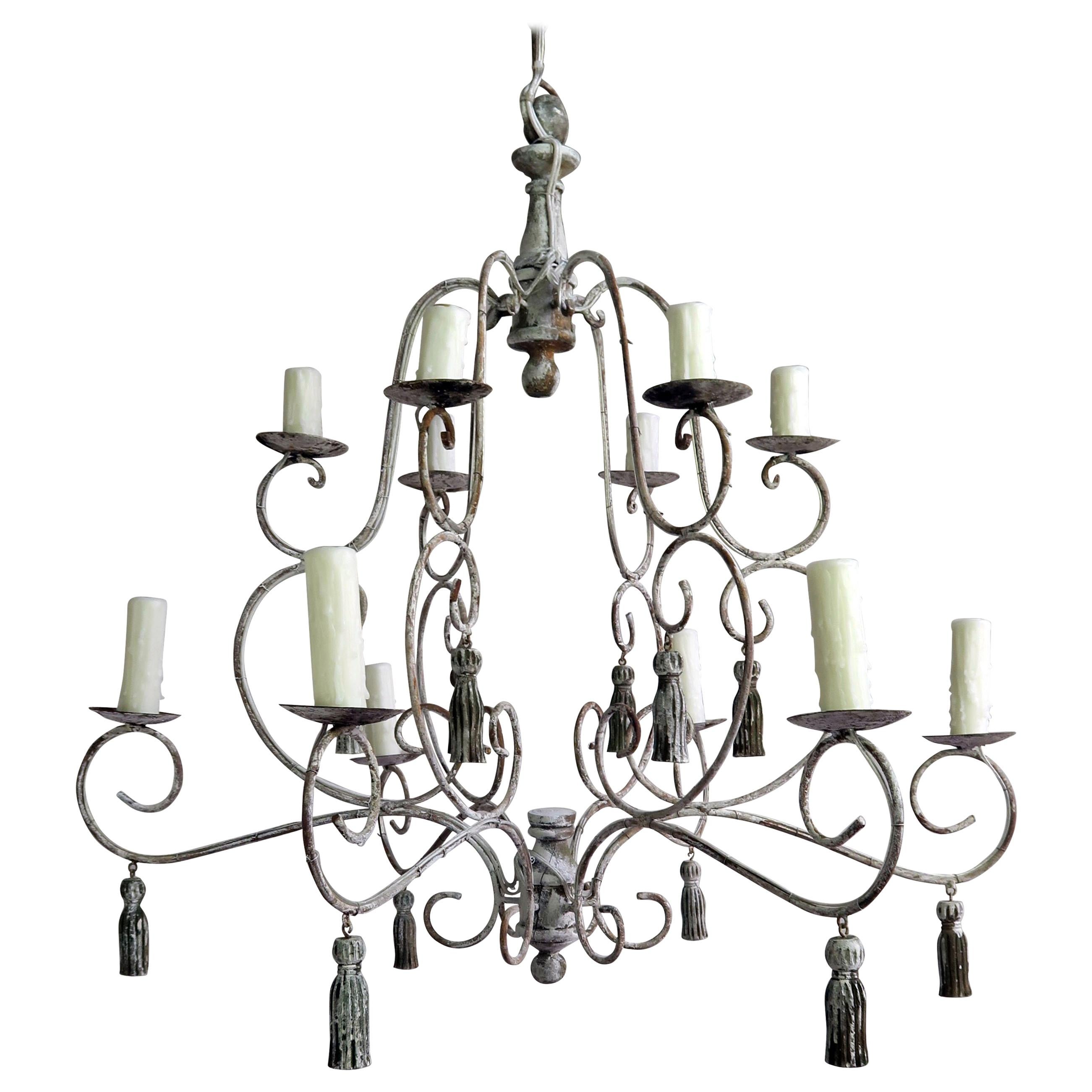 Twelve-Light French Painted Chandelier with Tassels