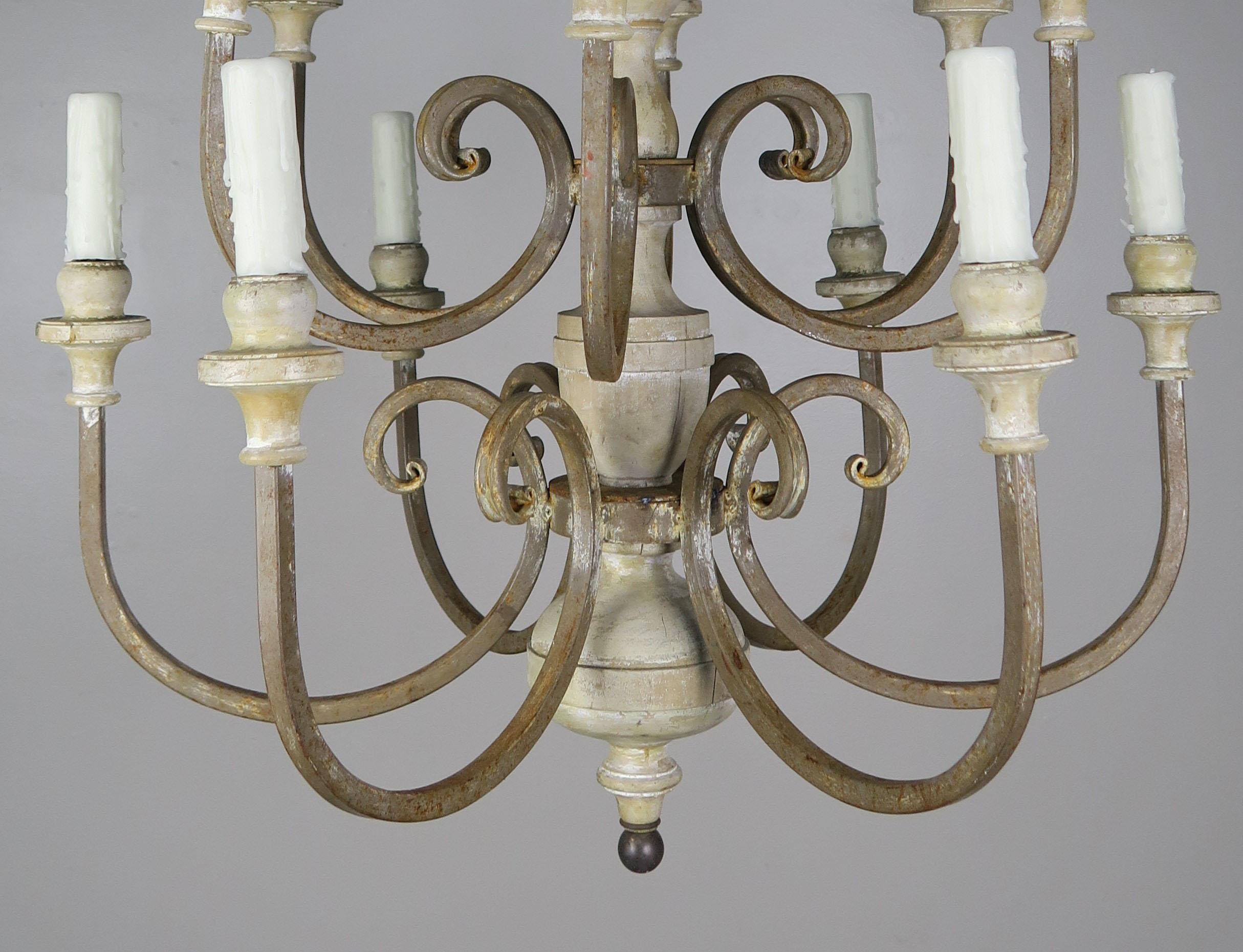 Twelve Light Italian Iron and Wood Chandelier, circa 1920 In Distressed Condition In Los Angeles, CA