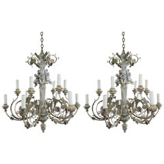 Twelve-Light Italian Wood and Iron Cherub Trio Chandelier, Pair