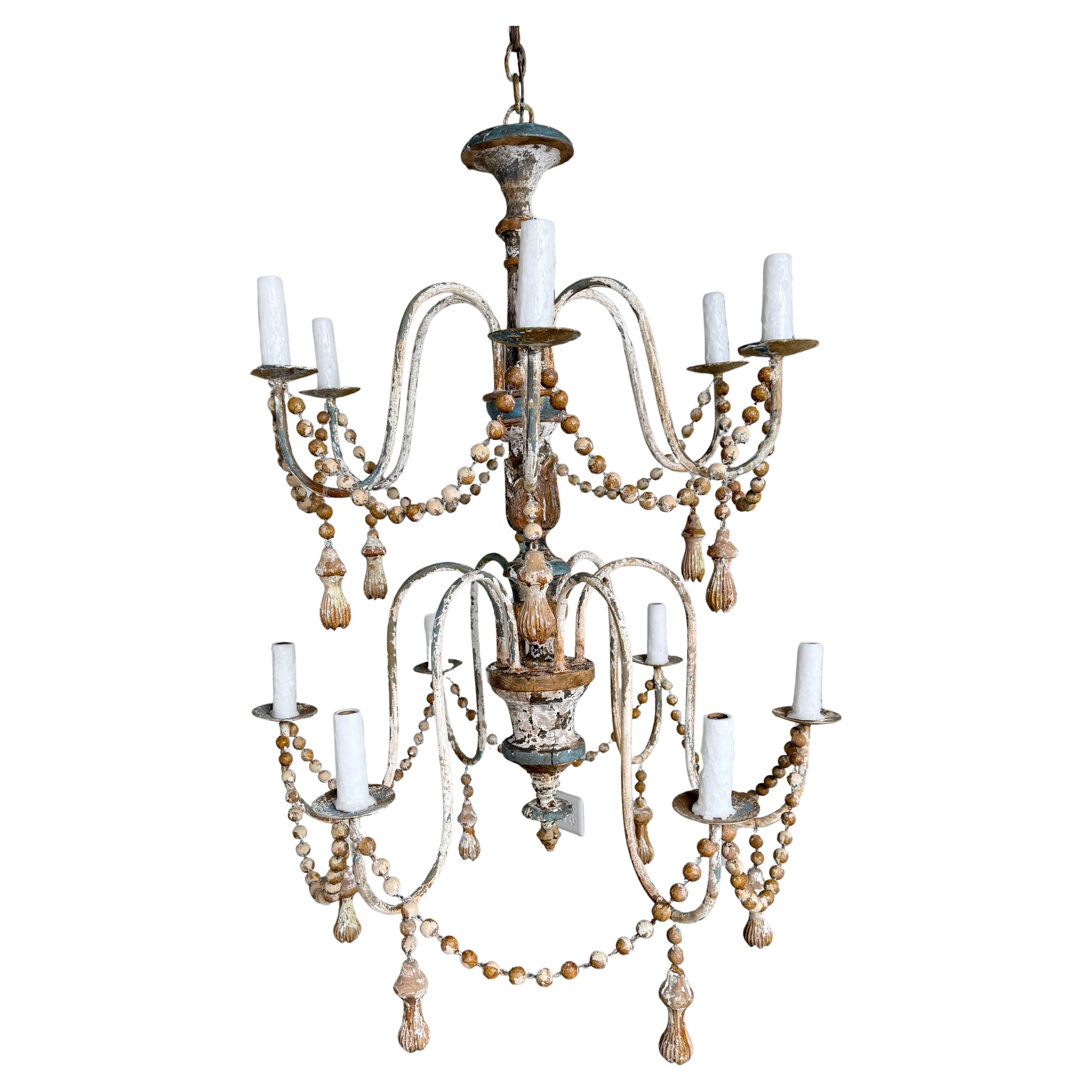 Twelve-Light Painted French Provincial Style Chandelier w/ Tassels