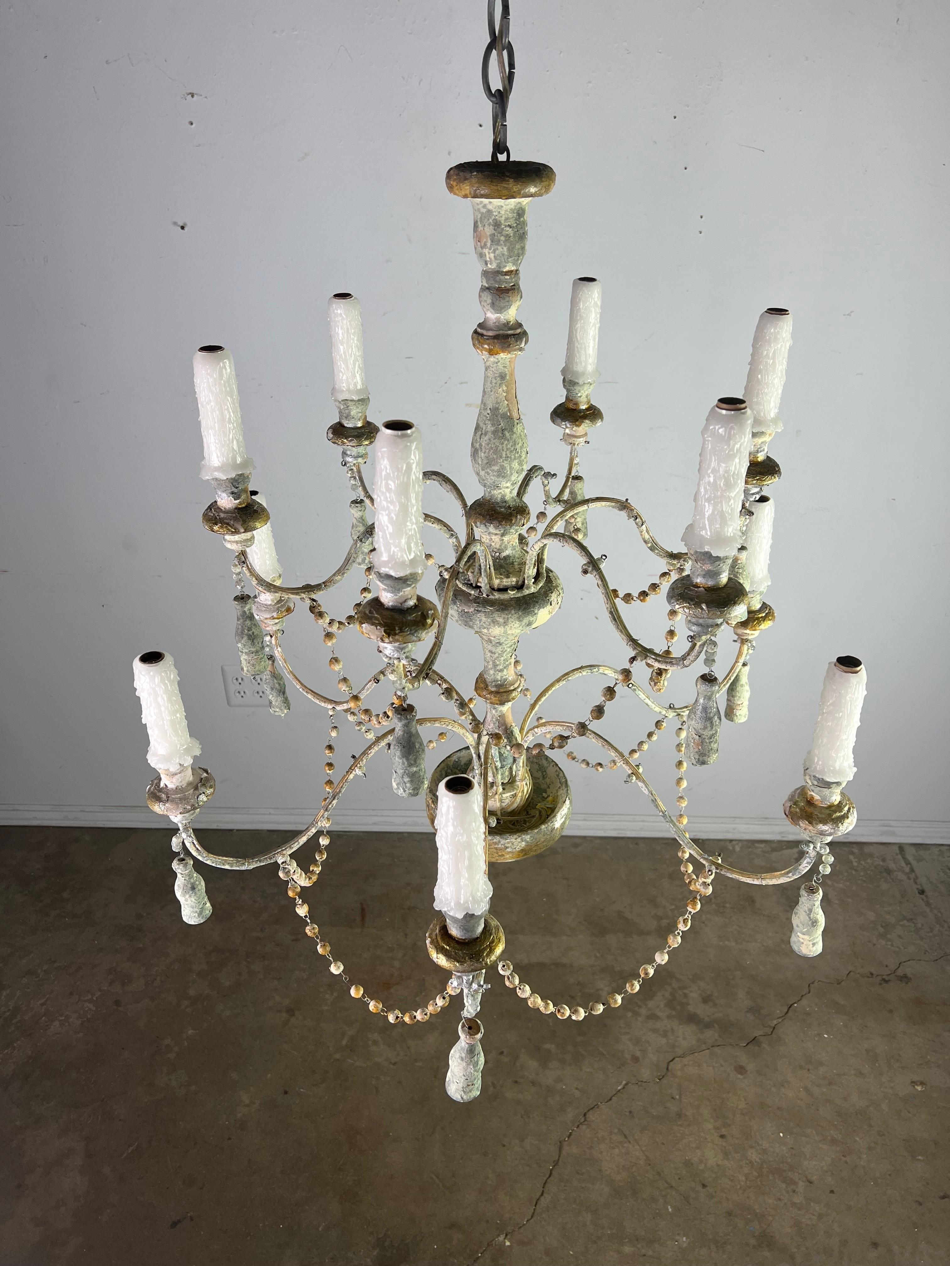 American Twelve Light Wood & Iron Painted Chandelier by MLA For Sale
