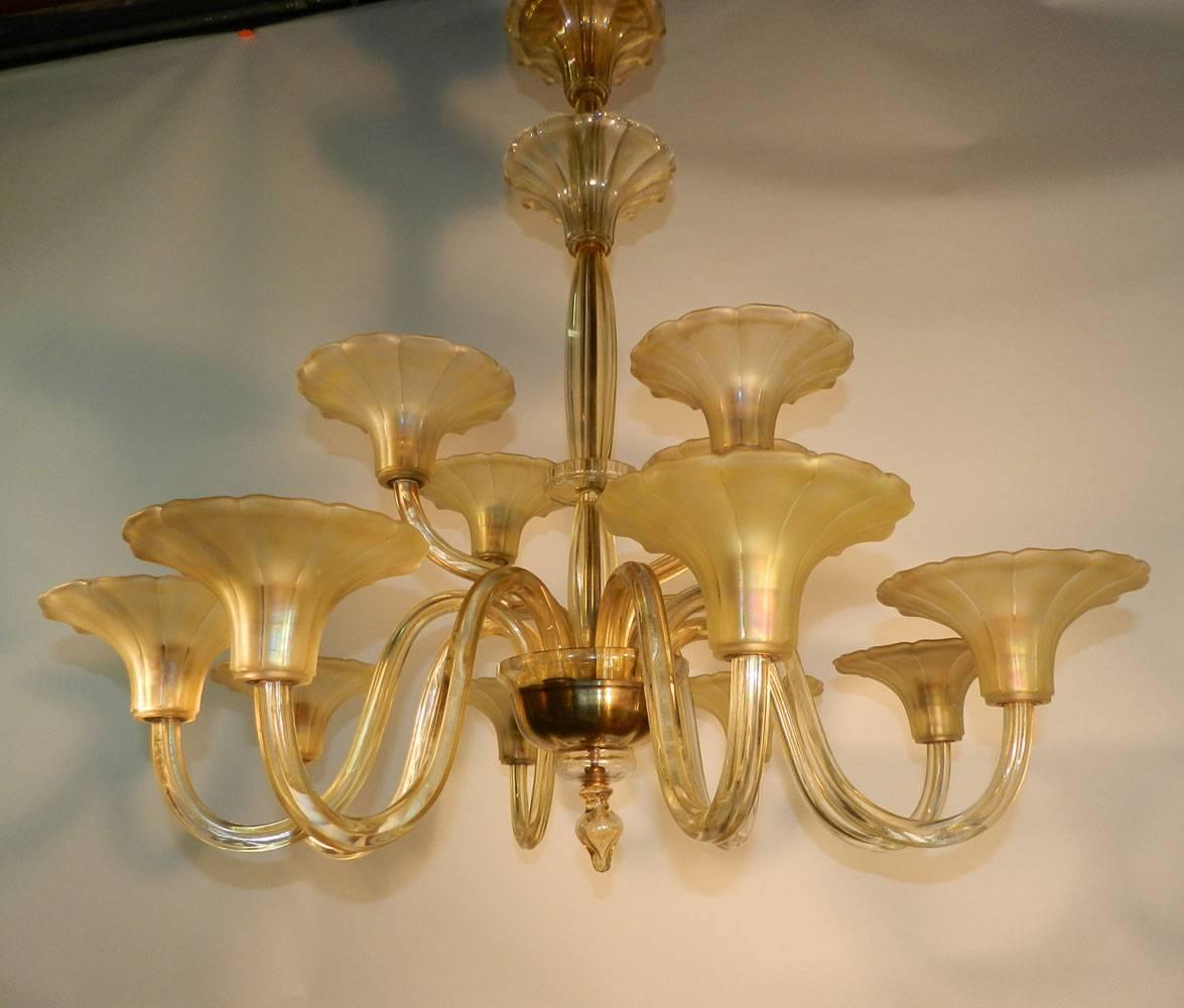 Twelve lights Art Deco chandelier in yellow Bohemian crystal. Perfect condition.
