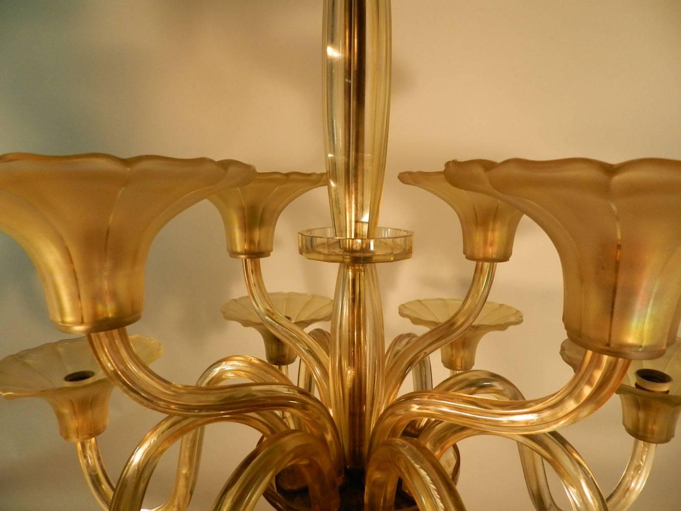 Czech Twelve Lights Art Deco Chandelier in Yellow Bohemian Crystal, circa 1930 For Sale