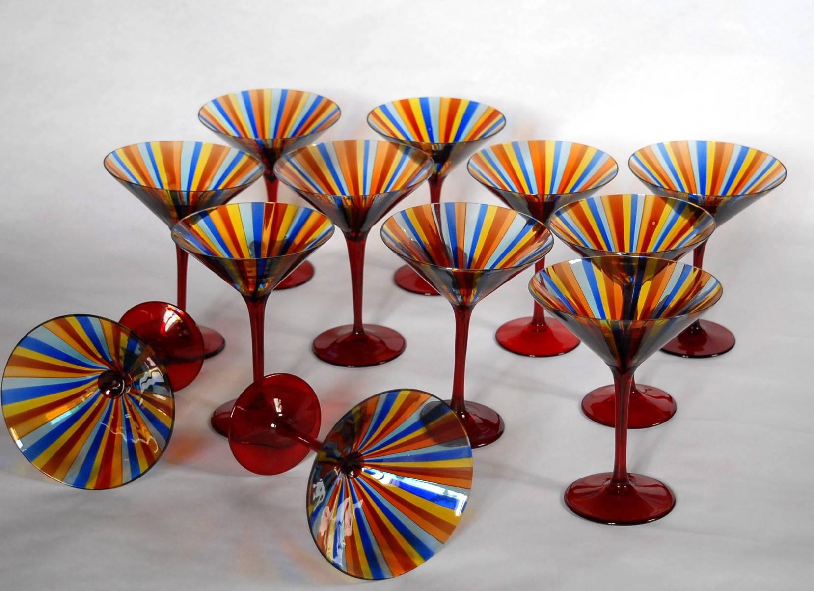 12 Martini Glass, Cenedese a Canne, Cadmium Red Stem, Signed, circa 1960 3