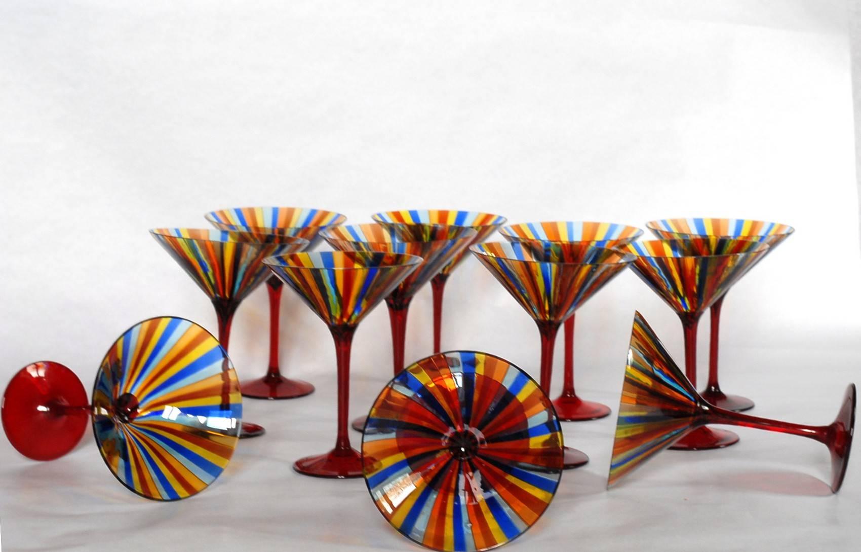 12 Martini Glass, Cenedese a Canne, Cadmium Red Stem, Signed, circa 1960 In Good Condition In Tavarnelle val di Pesa, Florence