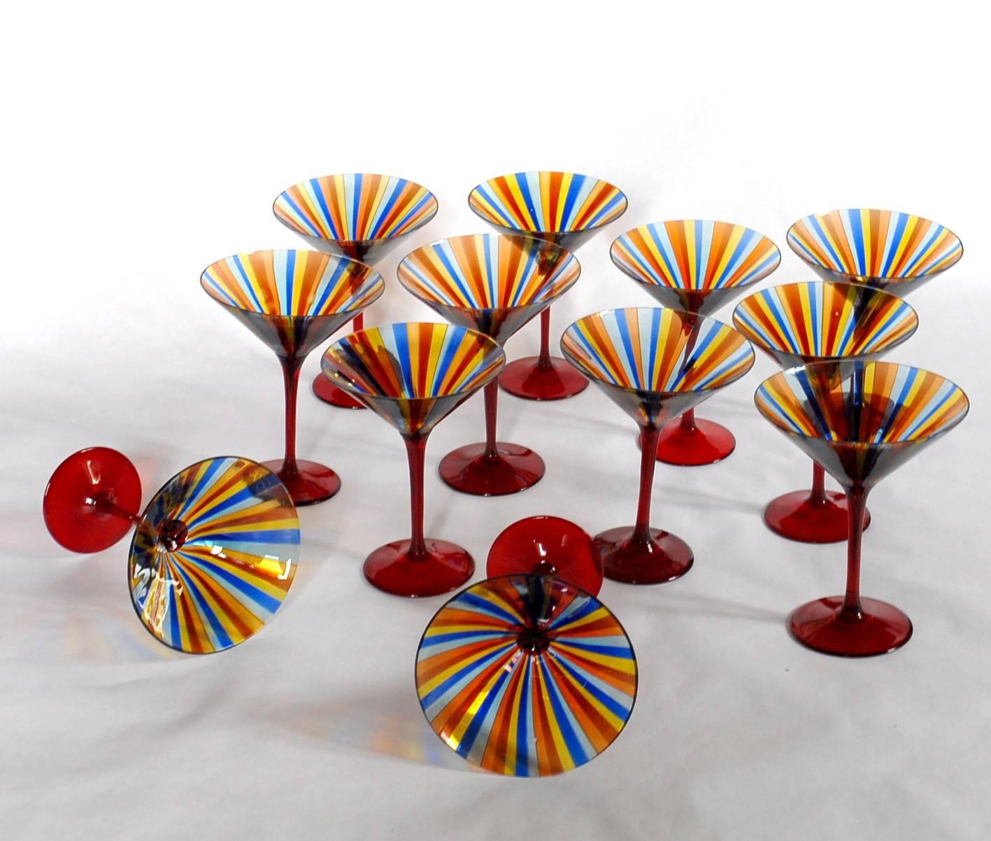 Mid-20th Century 12 Martini Glass, Cenedese a Canne, Cadmium Red Stem, Signed, circa 1960