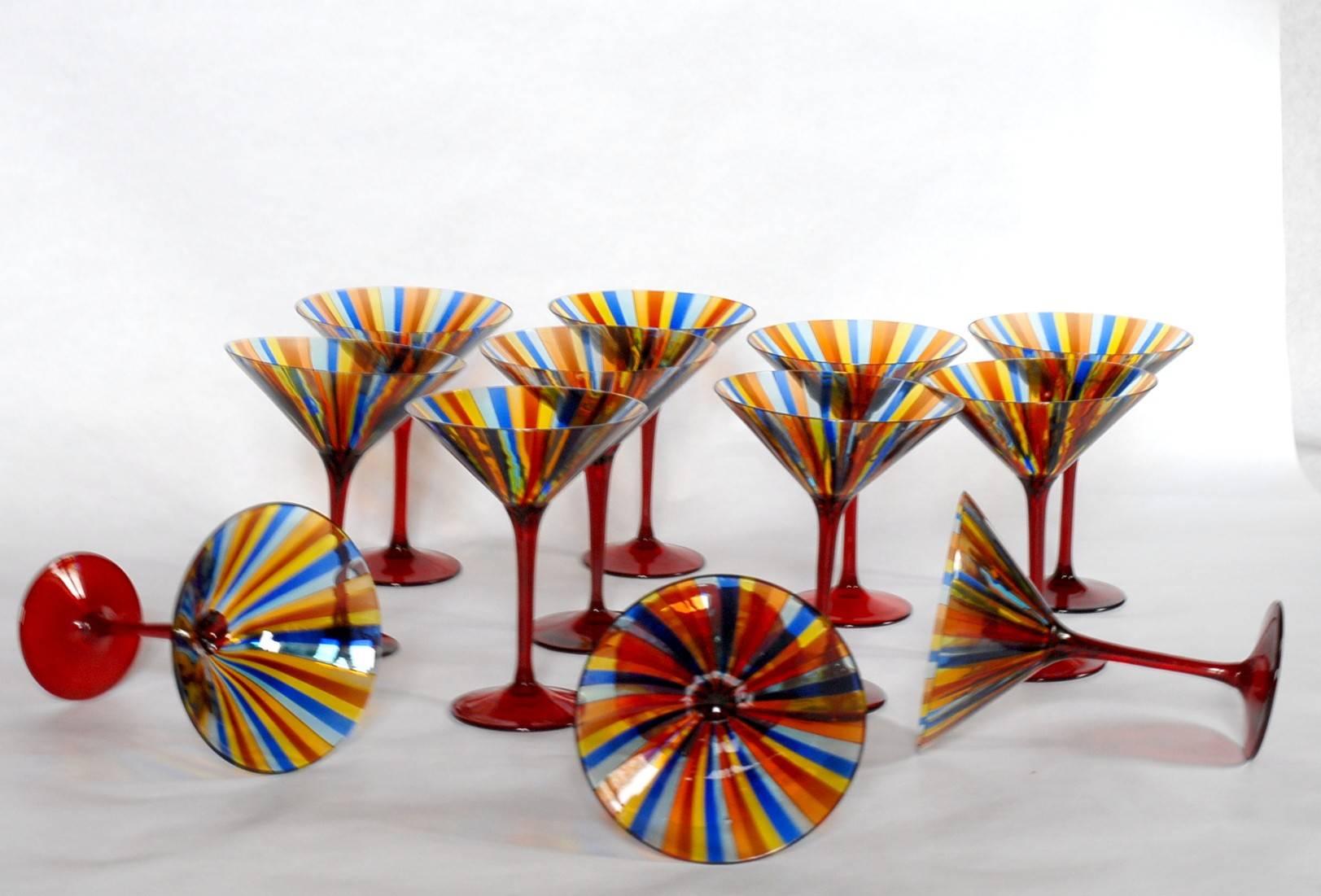 Art Glass 12 Martini Glass, Cenedese a Canne, Cadmium Red Stem, Signed, circa 1960