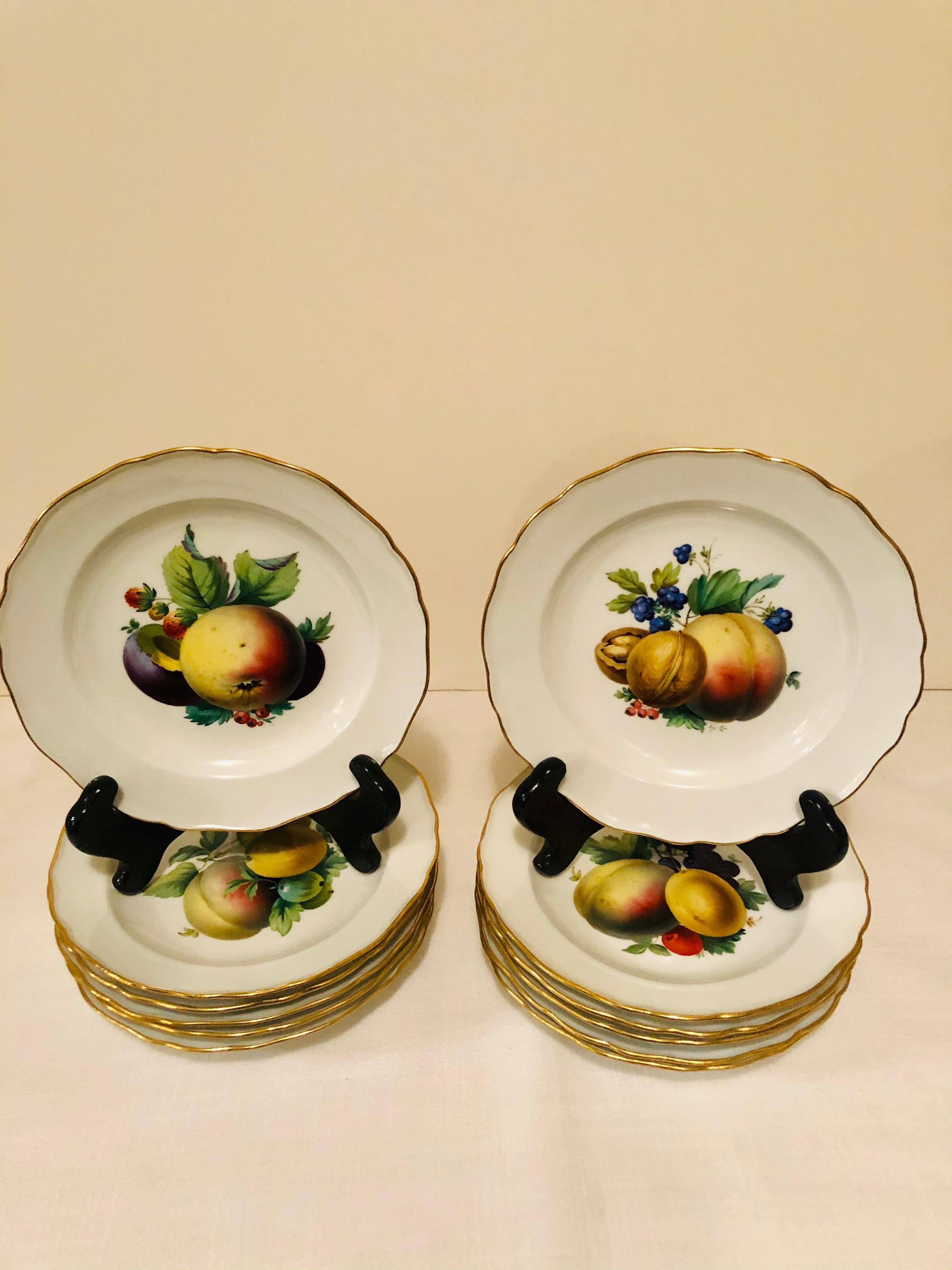 Magnificent set of twelve Meissen fruit or dessert plates with museum quality paintings of different fruits on each plate. If you scroll through the pictures, you can see the masterful artistry of the Meissen artist who painted these fruit plates.