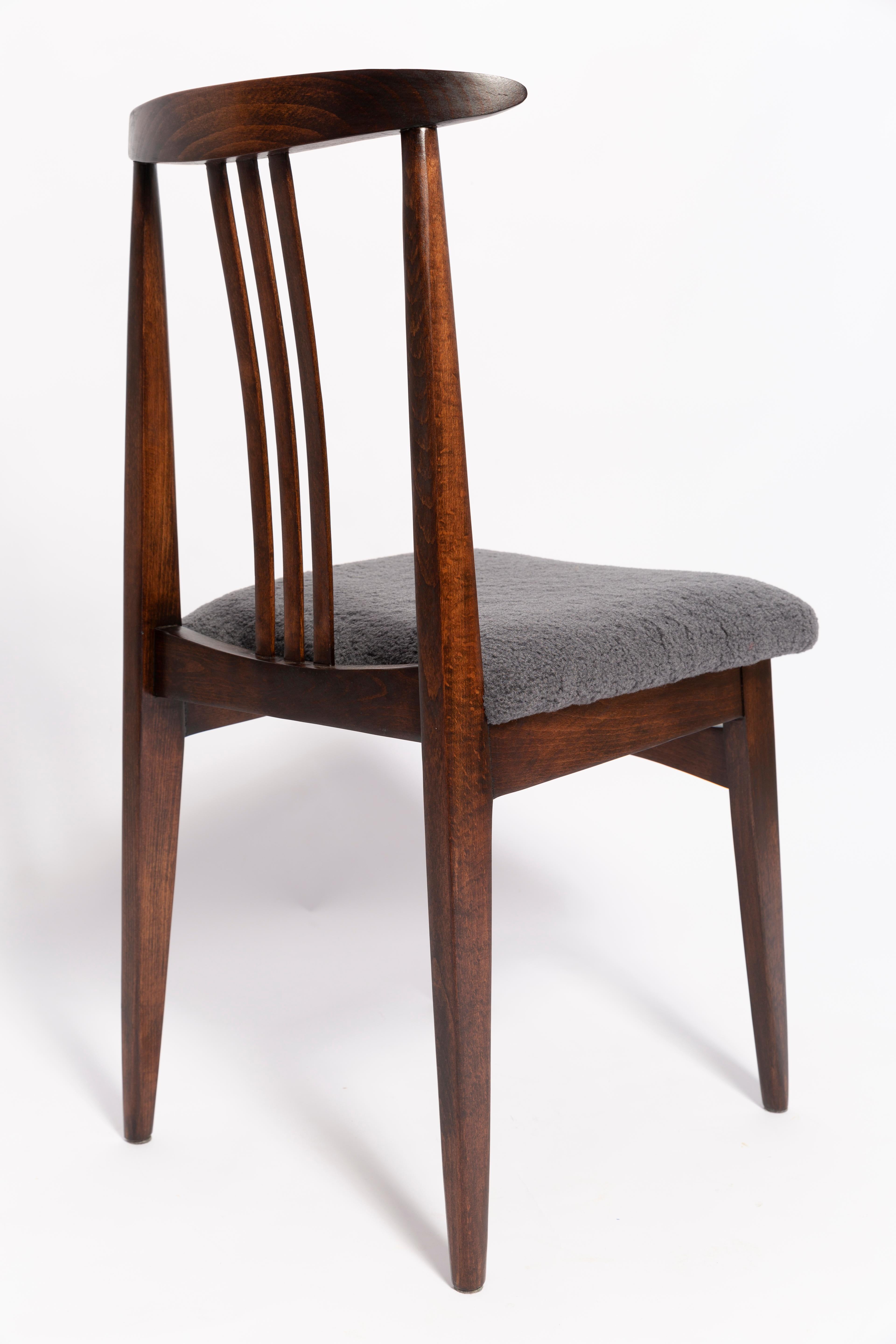 Polish Twelve Mid-Century Graphite Boucle Chairs, Walnut Wood, M Zielinski, Europe 1960 For Sale