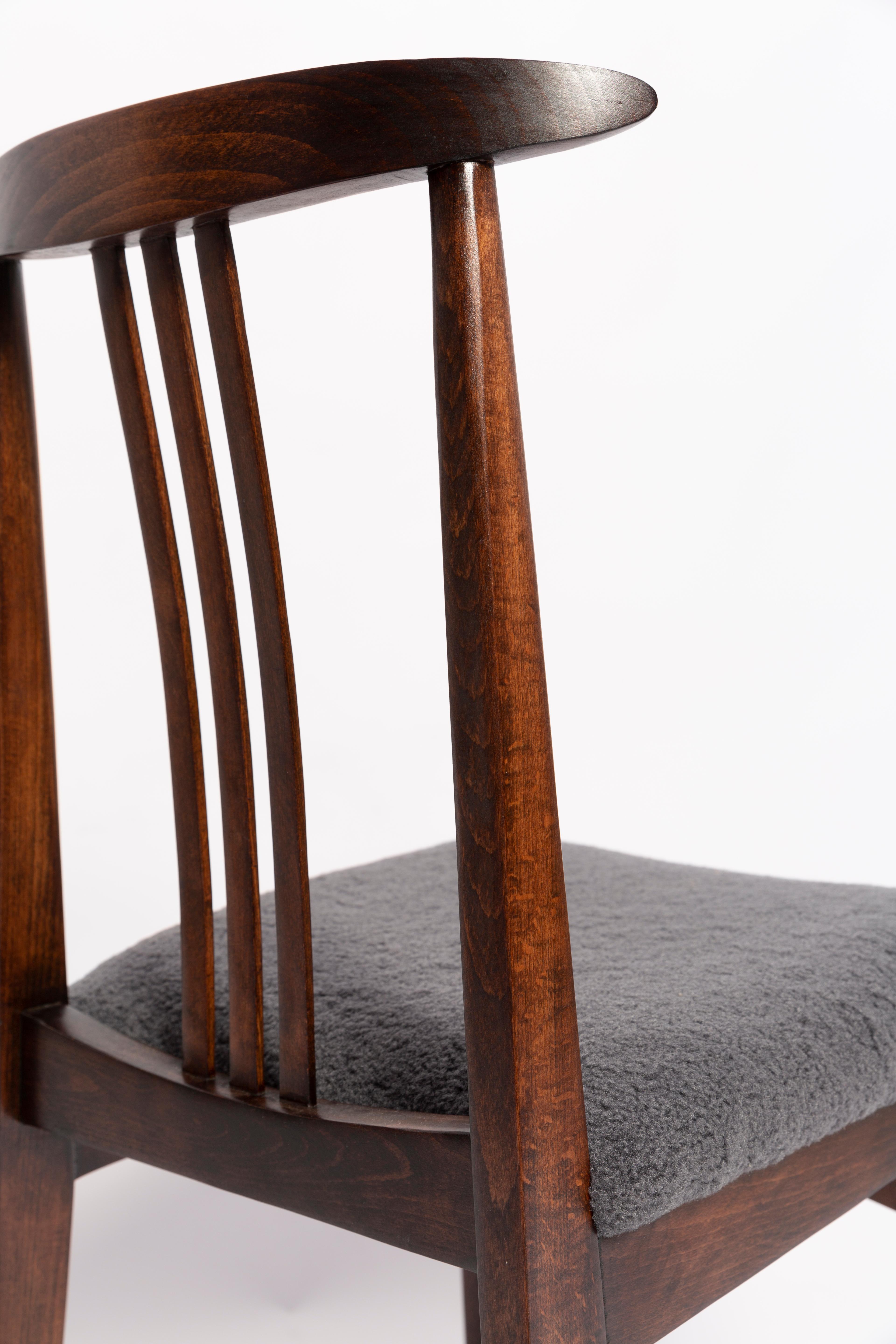 Hand-Crafted Twelve Mid-Century Graphite Boucle Chairs, Walnut Wood, M Zielinski, Europe 1960 For Sale