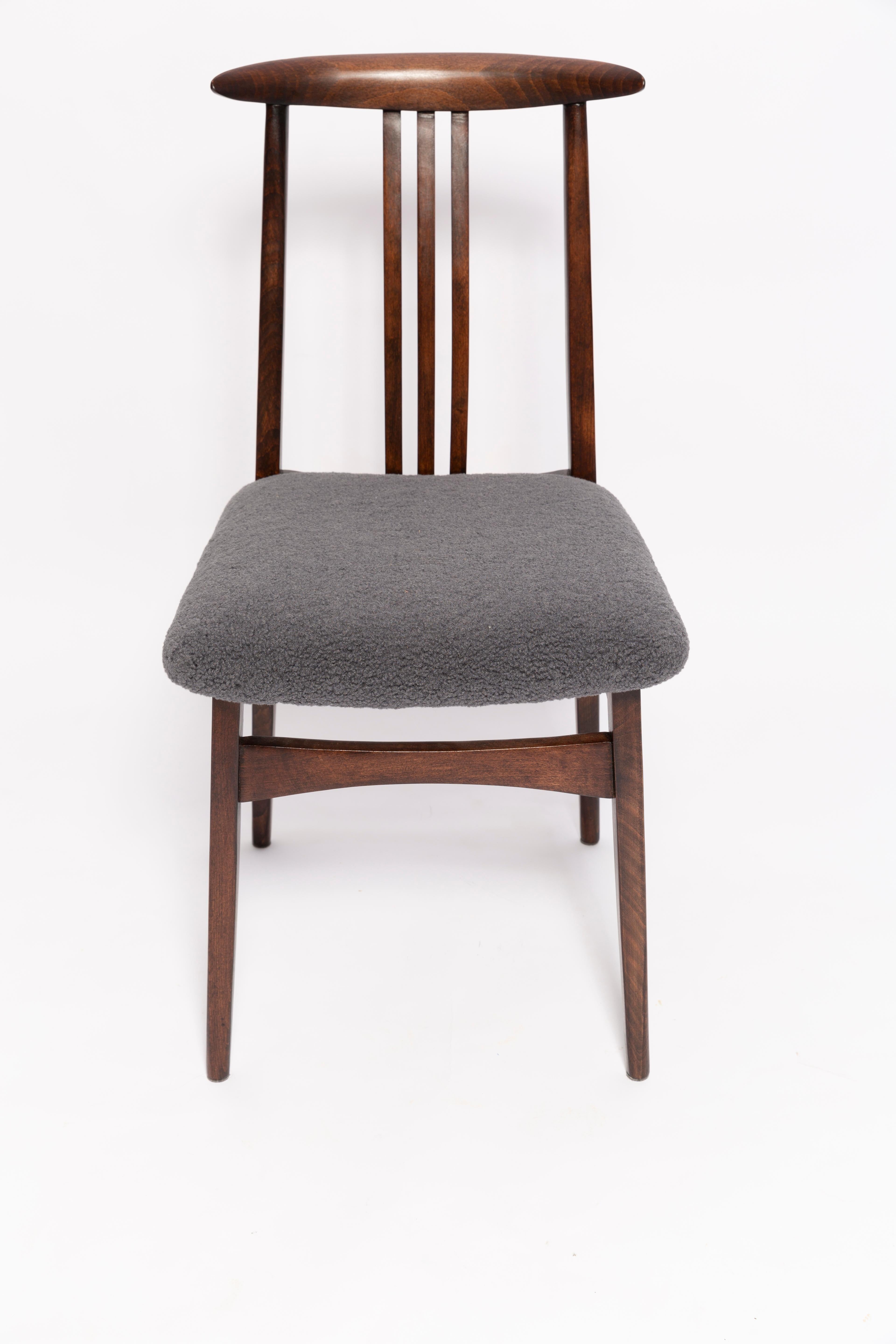 Bouclé Twelve Mid-Century Graphite Boucle Chairs, Walnut Wood, M Zielinski, Europe 1960 For Sale