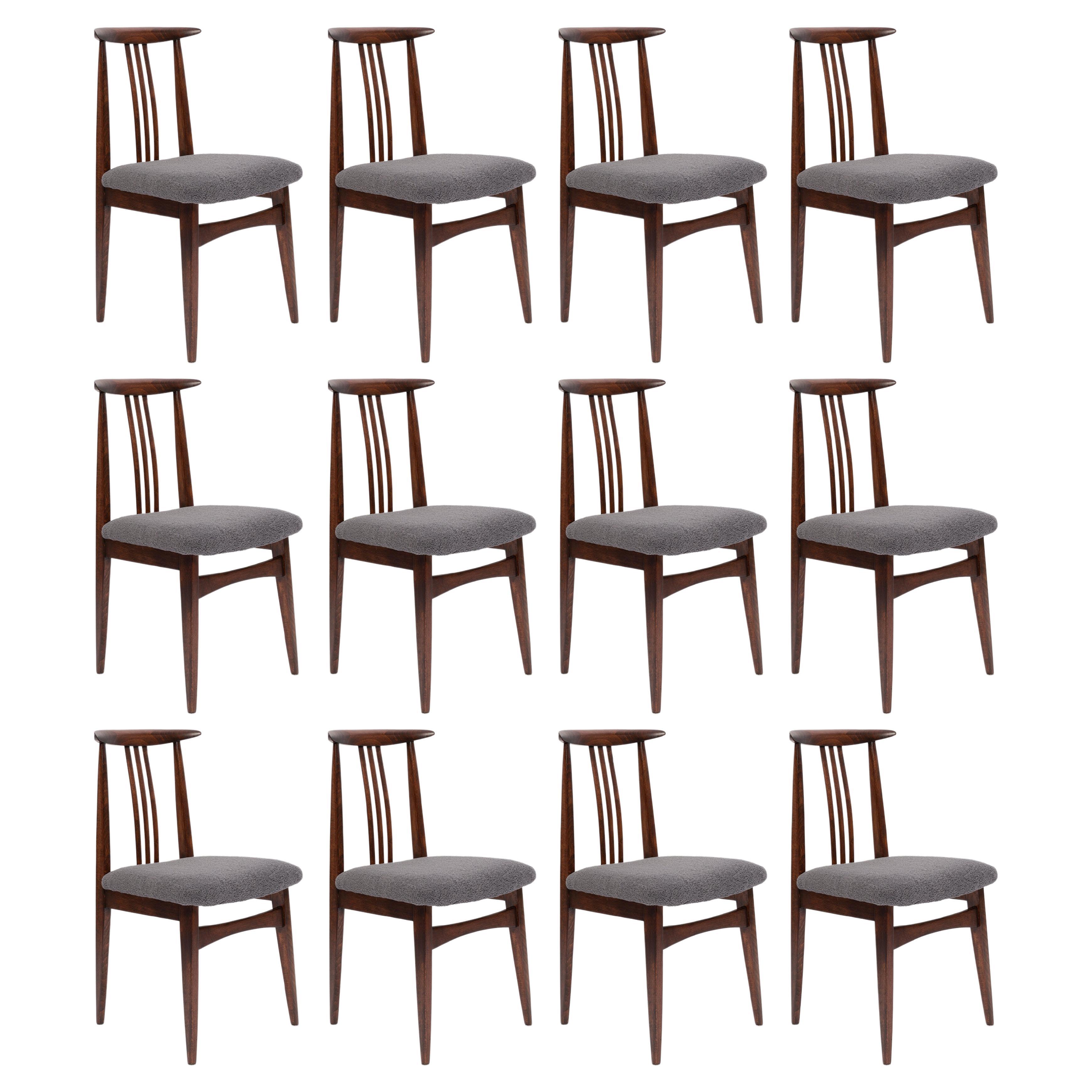 Twelve Mid-Century Graphite Boucle Chairs, Walnut Wood, M Zielinski, Europe 1960 For Sale