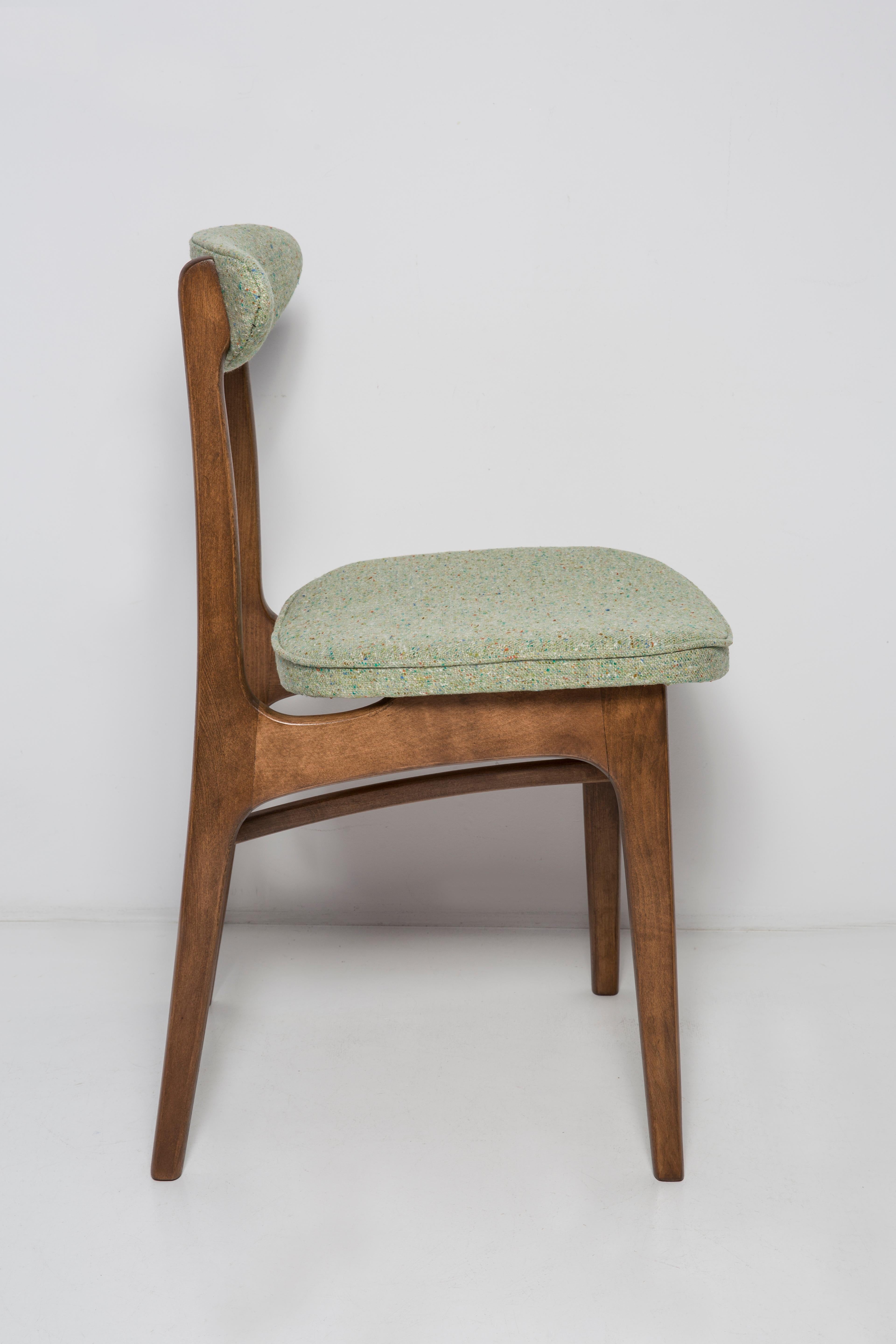 Hand-Crafted Twelve Mid Century Green Wool Chairs, Walnut Wood, Rajmund Halas, Poland, 1960s For Sale