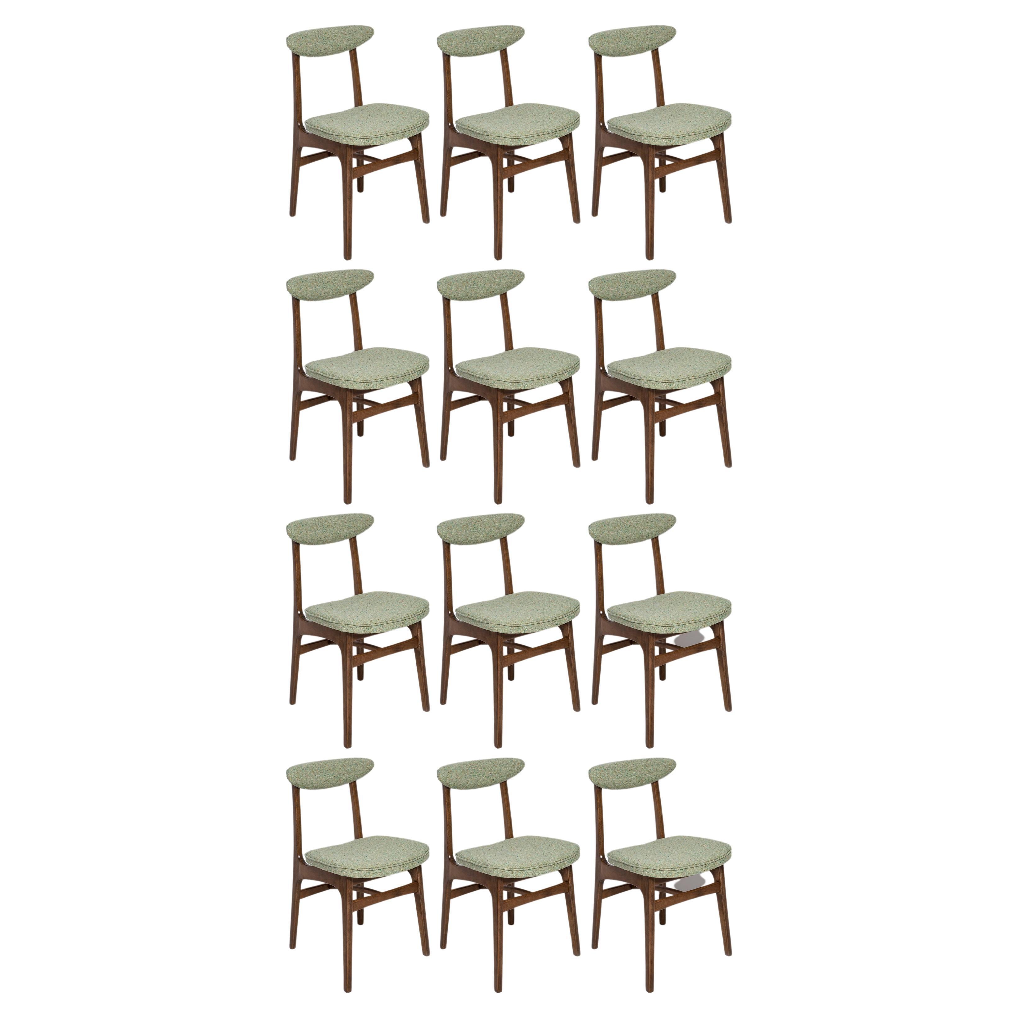 Twelve Mid Century Green Wool Chairs, Walnut Wood, Rajmund Halas, Poland, 1960s For Sale