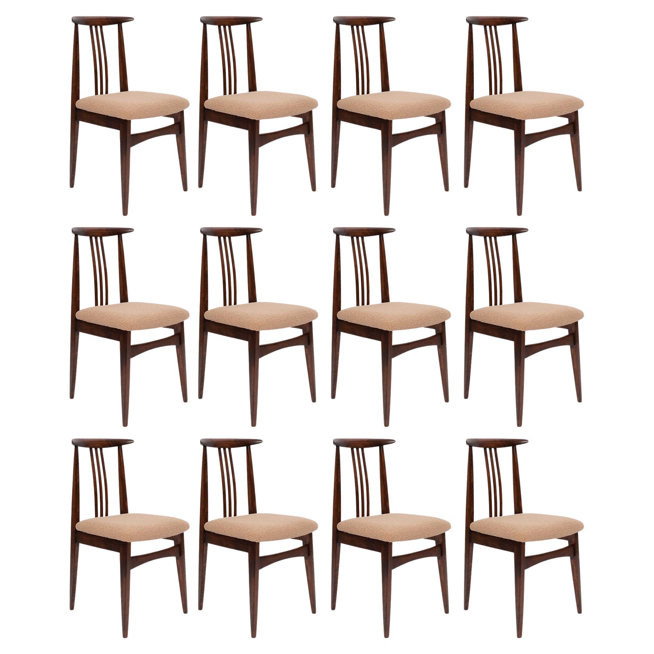 Twelve Mid-Century Latte Boucle Chairs, Walnut Wood, M. Zielinski, Europe 1960s For Sale