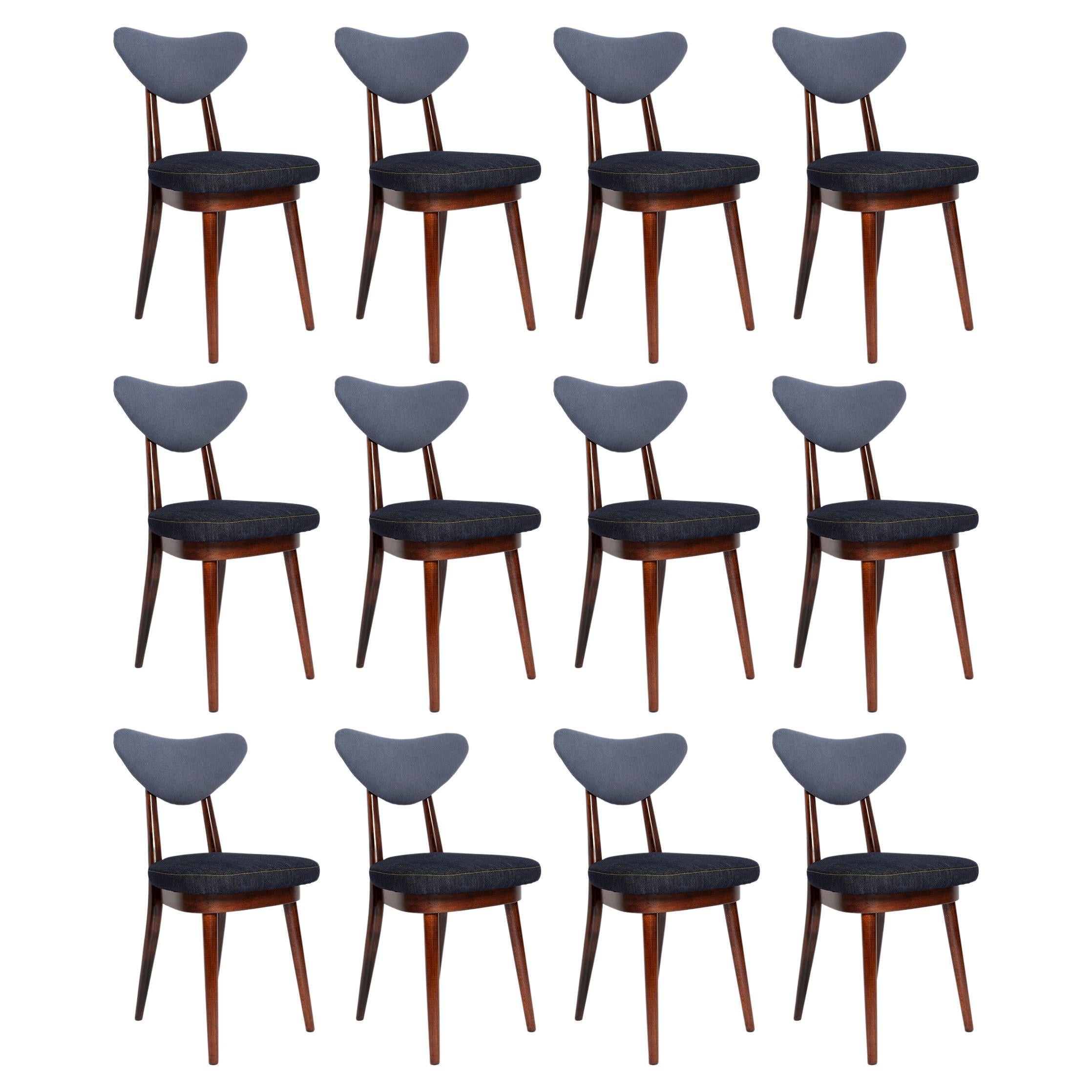 Twelve Mid-Century Medium and Dark Blue Denim Heart Chairs, Europe, 1960s