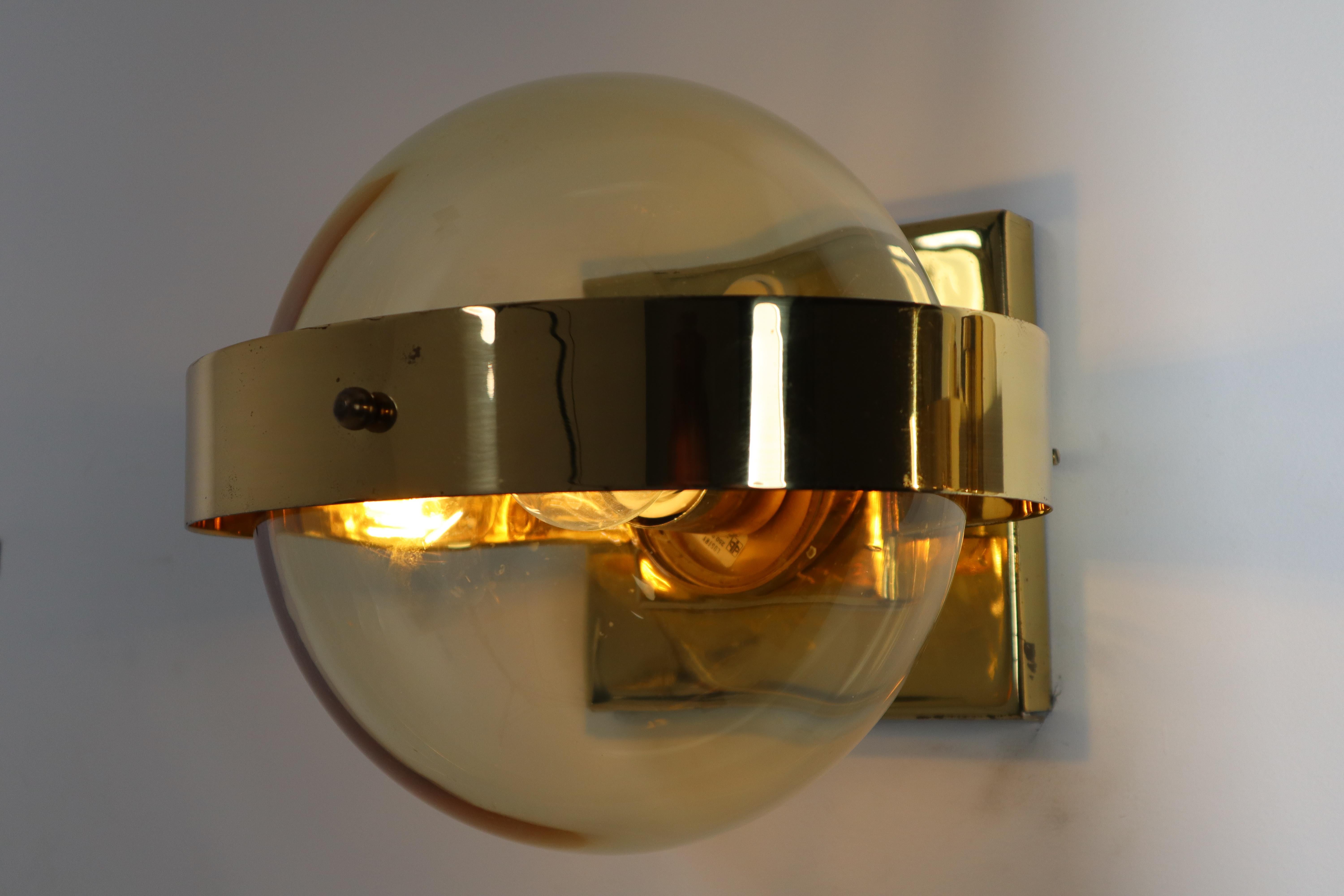 Twelve Midcentury Brass Wall Scones with Hand Blowed Glass Globe, Europe 1960s 2