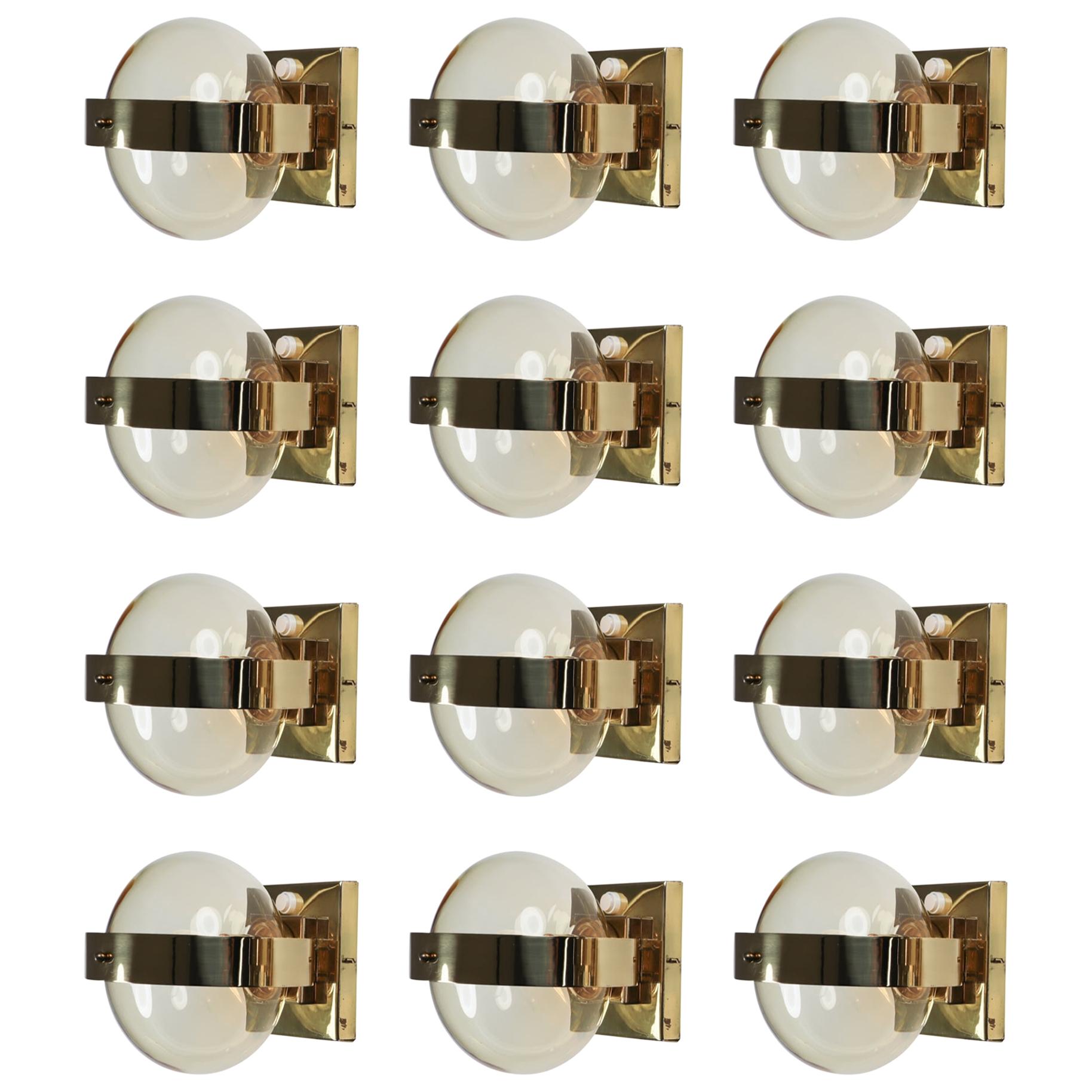 Twelve Midcentury Brass Wall Scones with Hand Blowed Glass Globe, Europe 1960s