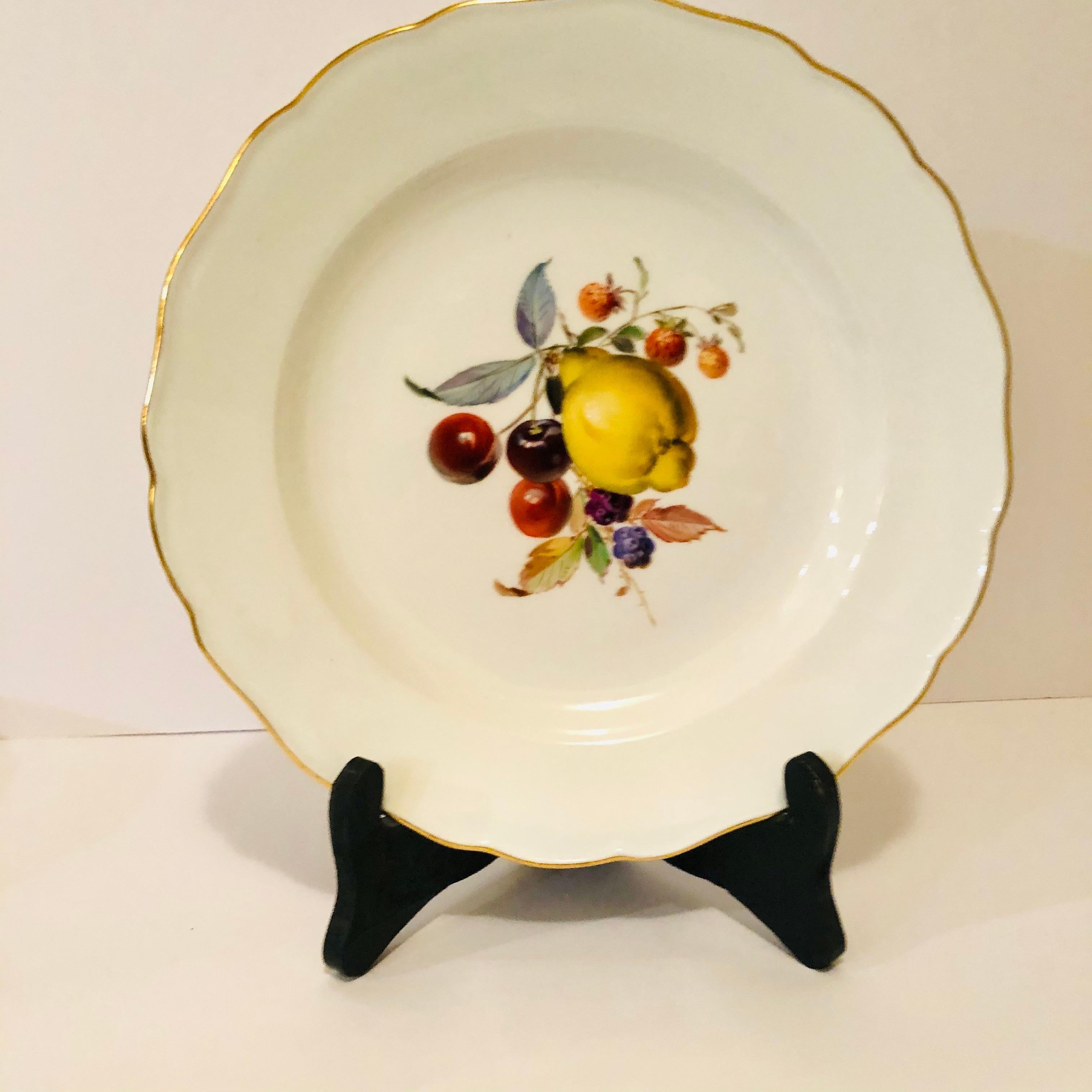 I am proud to offer you this fabulous set of Meissen dinner plates, each beautifully painted with different fruits. This is the first set of Meissen dinner plates I have seen painted with fruits. It is rare to find Meissen fruit plates like these,