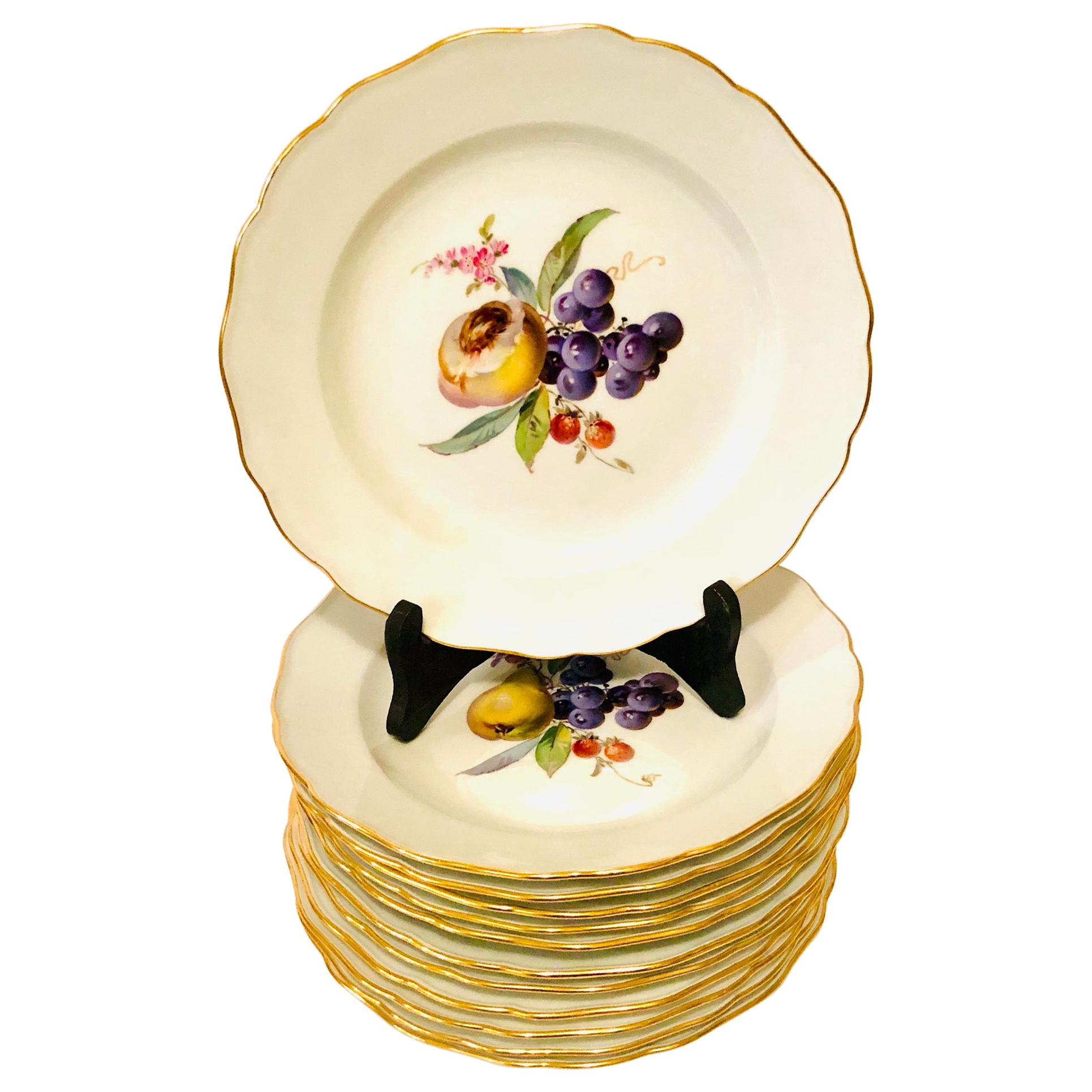 Twelve Museum Quality Meissen Dinner Plates Each Painted with Different Fruits For Sale