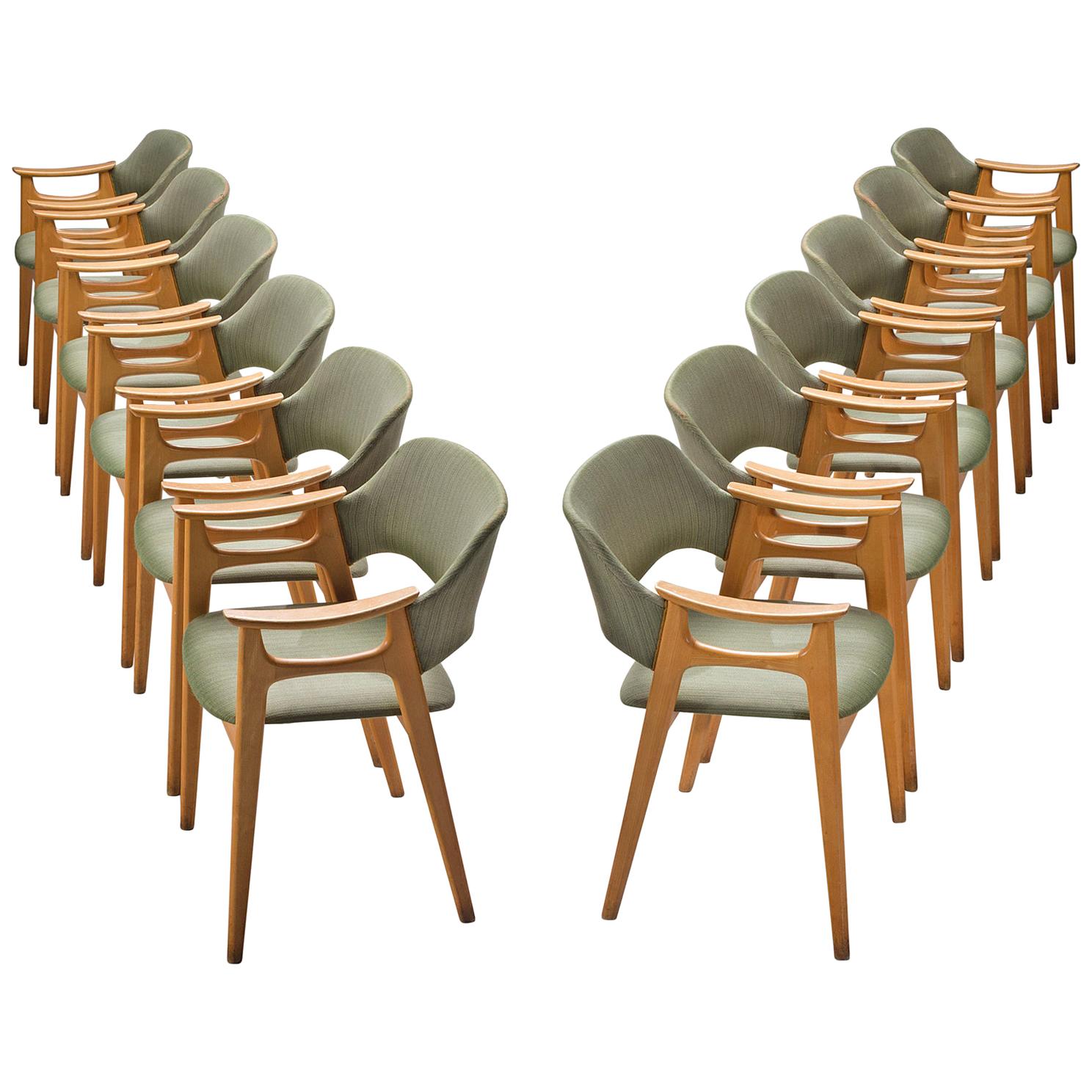 Twelve Norwegian Dining Chairs with Soft Green Upholstery