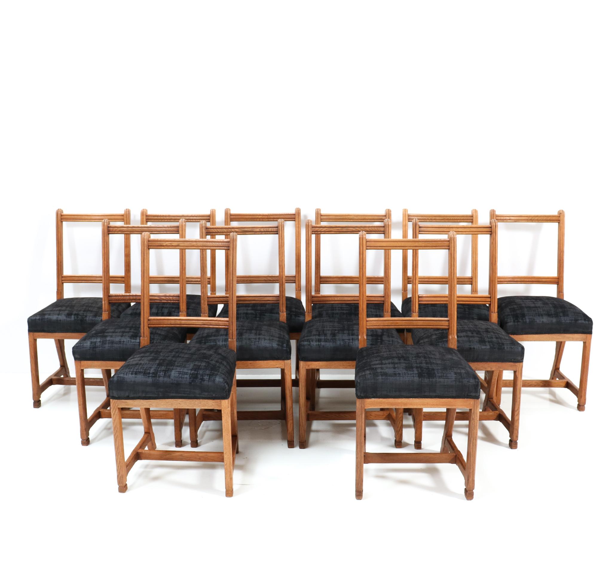 Magnificent and ultra rare set of twelve Arts & Crafts dining room chairs.
Design by Hendrik Petrus Berlage for H. Pander & Zonen.
Striking Dutch design from the 1900s.
Solid oak frames with the A constructions which was typical for several