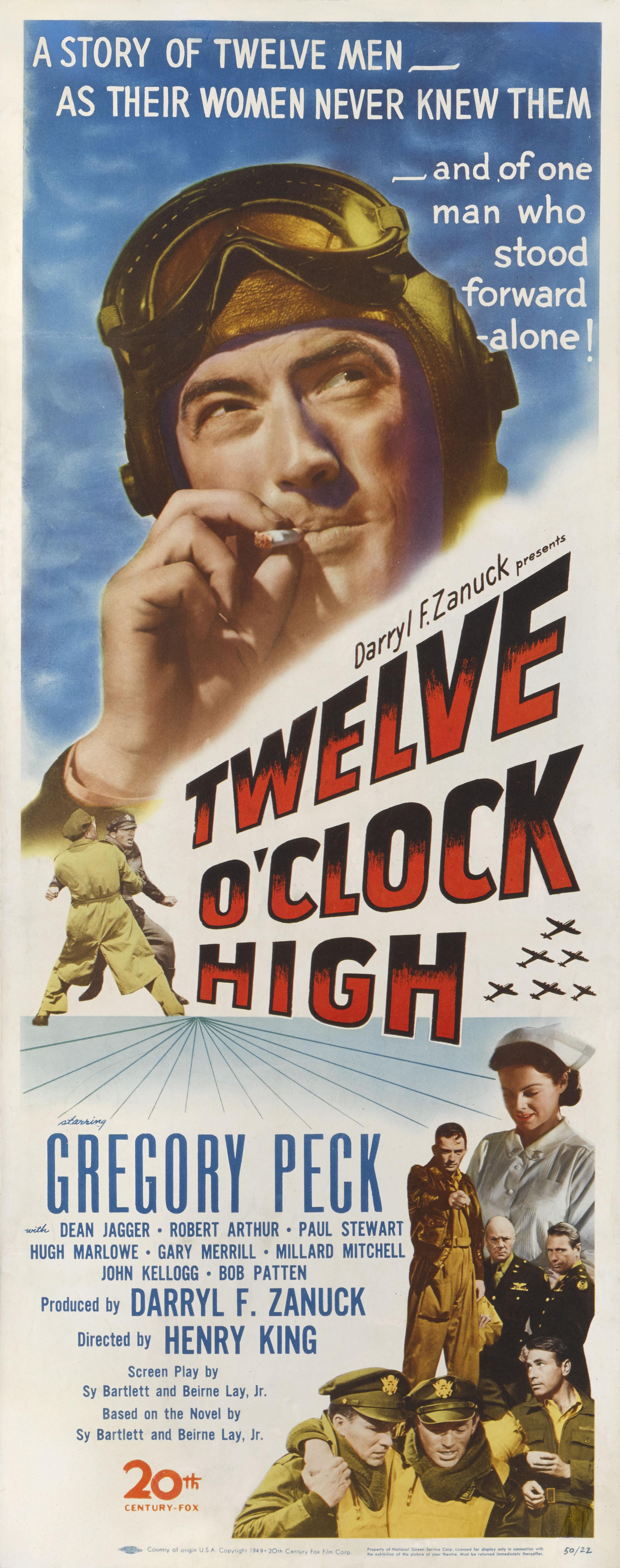 Original US film poster for the 1949 film Twelve O'Clock High. This American war film was adapted from the 1948 novel of the same name by Sy Bartlett and Beirne Lay, Jr. The screenplay was written by Bartlett, Lay and Henry King (uncredited). King