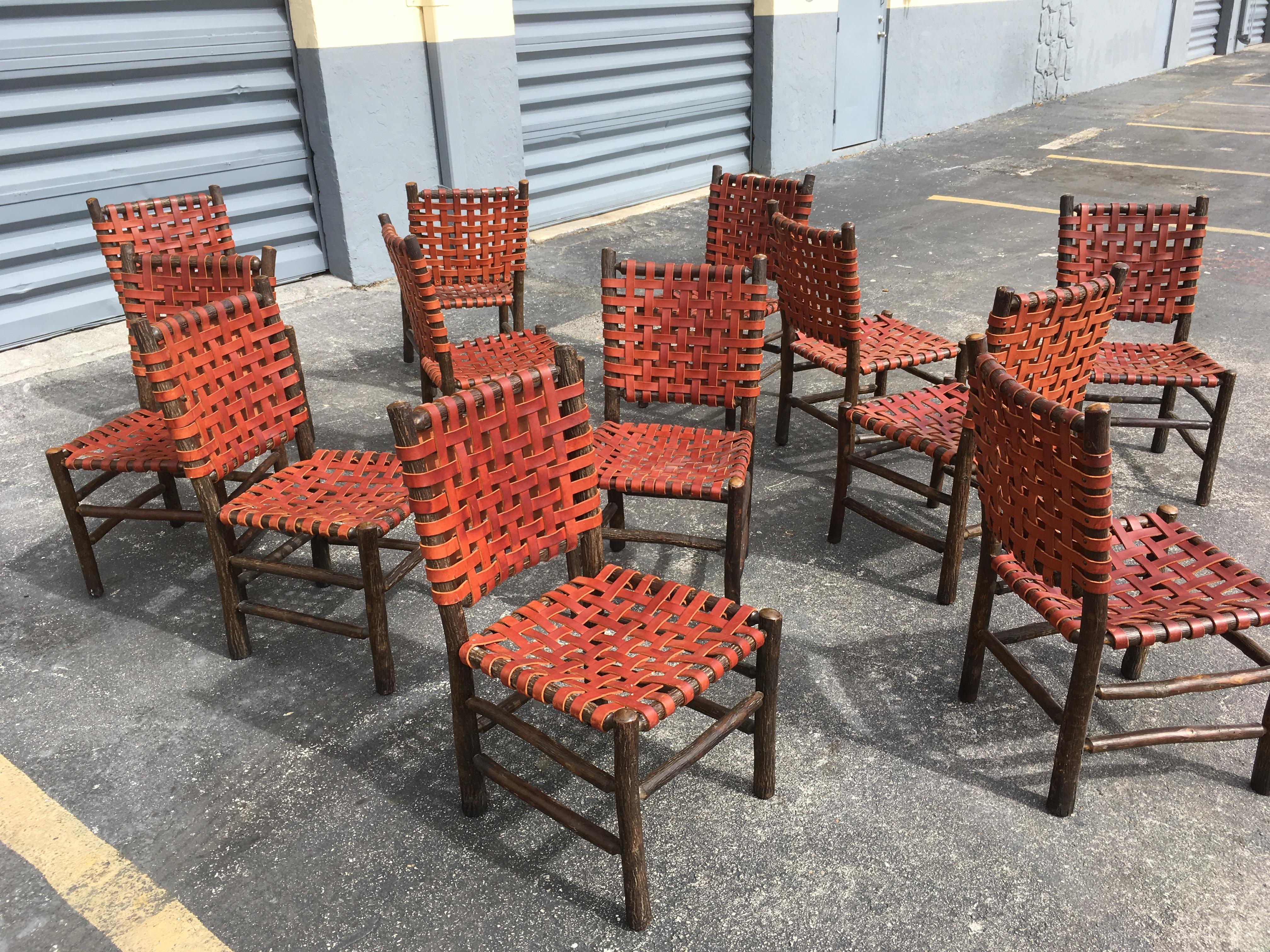 Ten Old Hickory Dining Chairs with Woven Cognac Saddle Leather 6