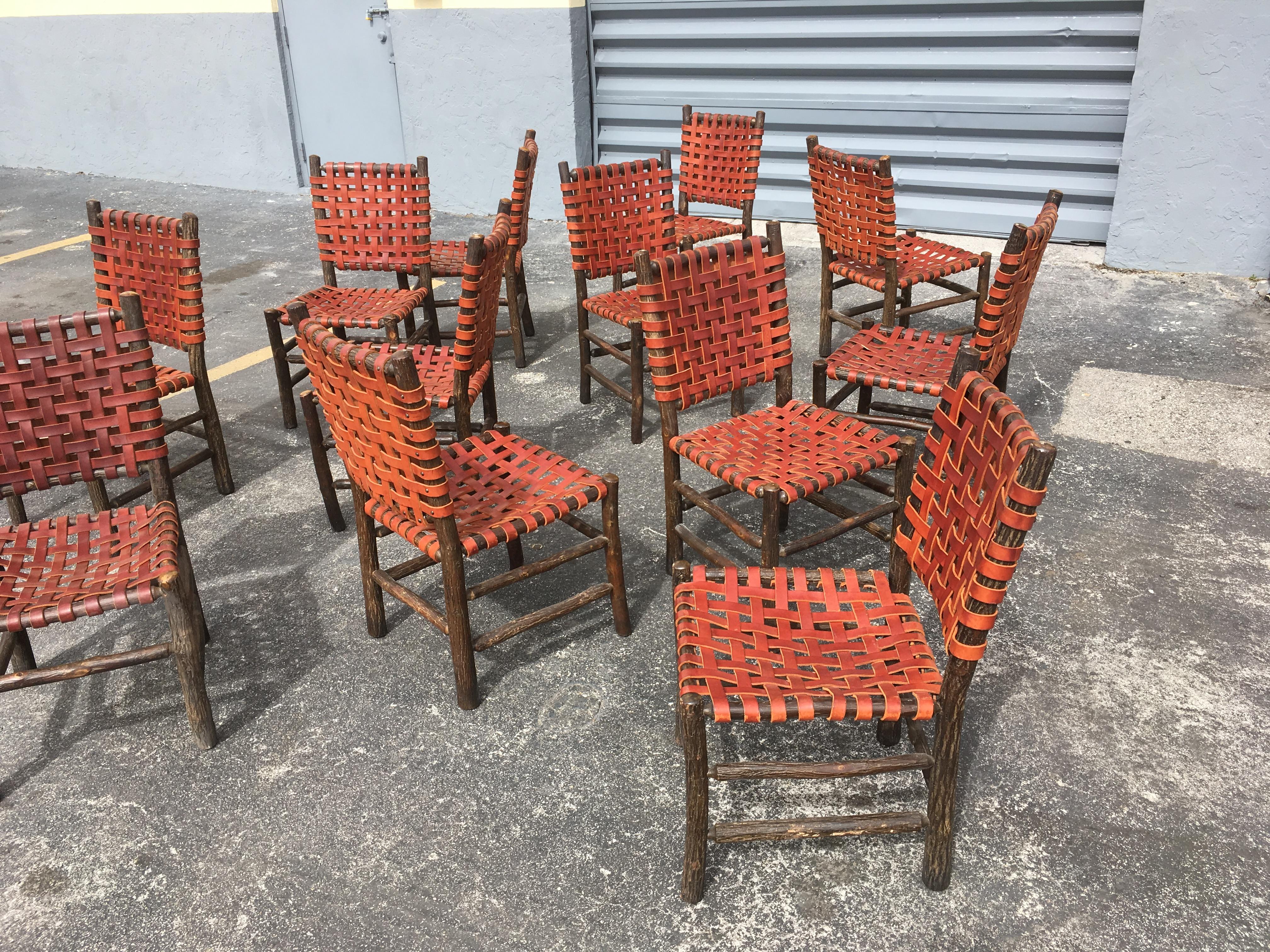 Ten Old Hickory Dining Chairs with Woven Cognac Saddle Leather 7