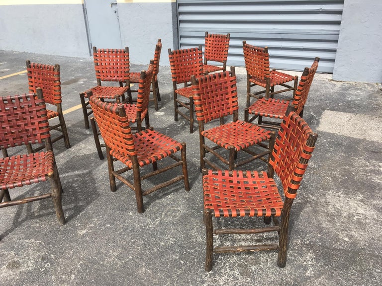 Ten Old Hickory Dining Chairs with Woven Cognac Saddle Leather at 1stDibs