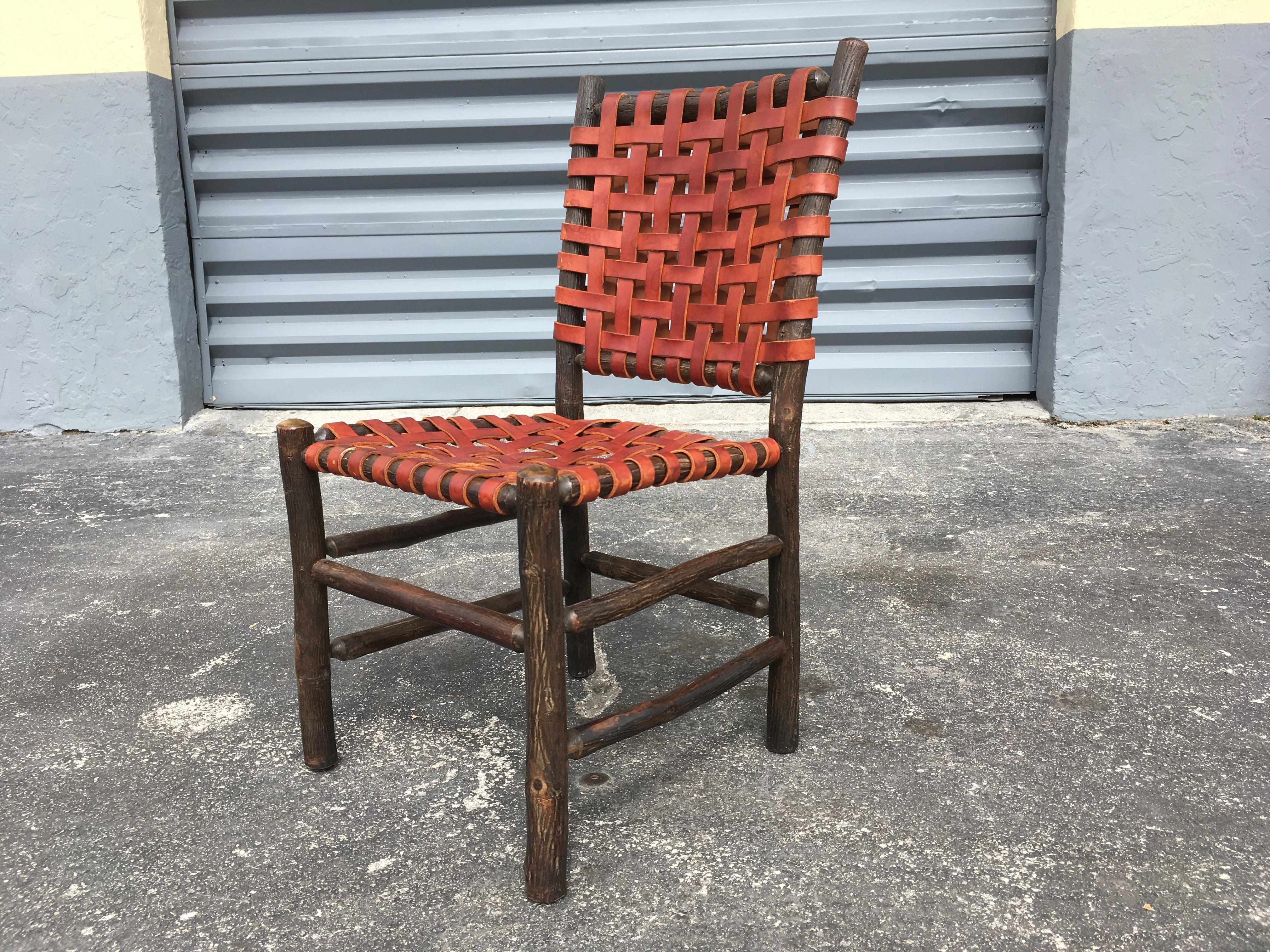 Ten Old Hickory Dining Chairs with Woven Cognac Saddle Leather 8