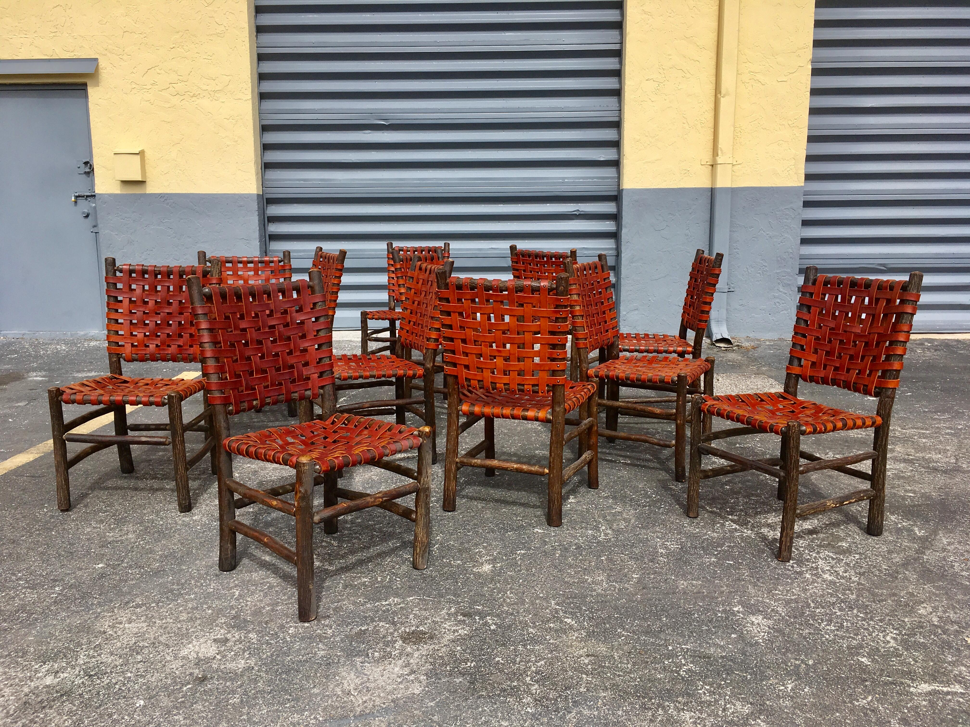 Ten Old Hickory Dining Chairs with Woven Cognac Saddle Leather 9