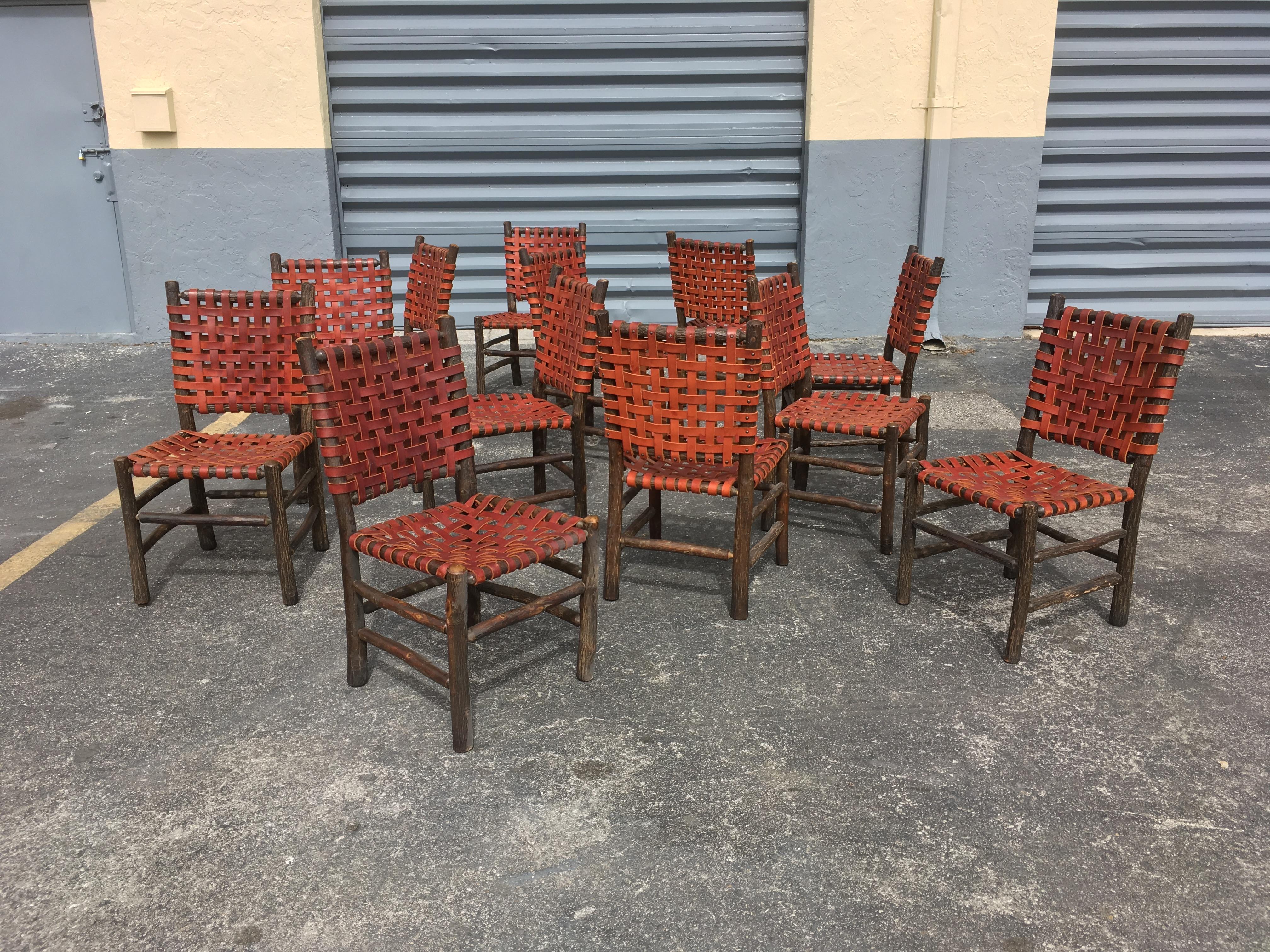 Ten Old Hickory Dining Chairs with Woven Cognac Saddle Leather 11
