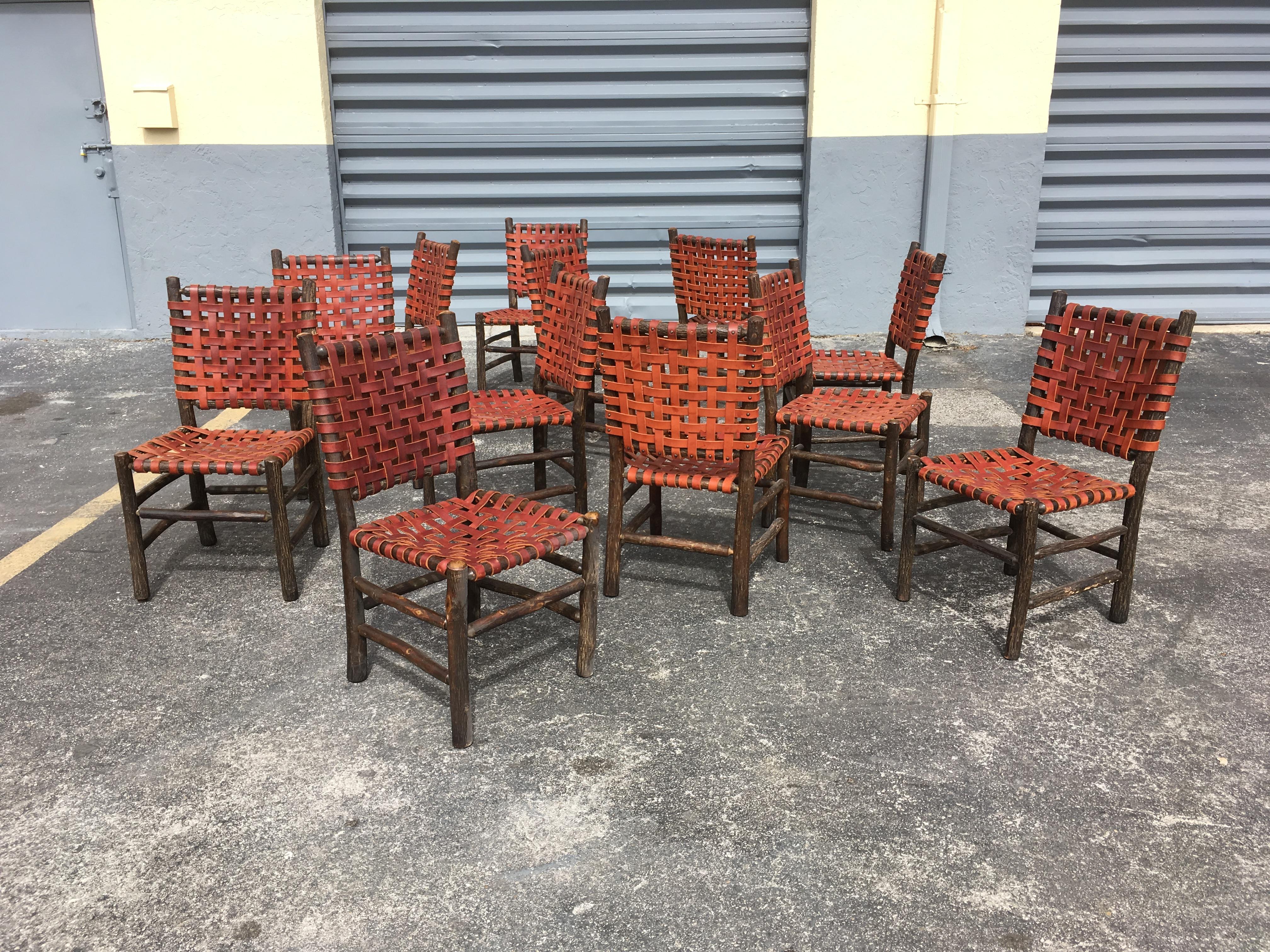 Ten Old Hickory Dining Chairs with Woven Cognac Saddle Leather 12