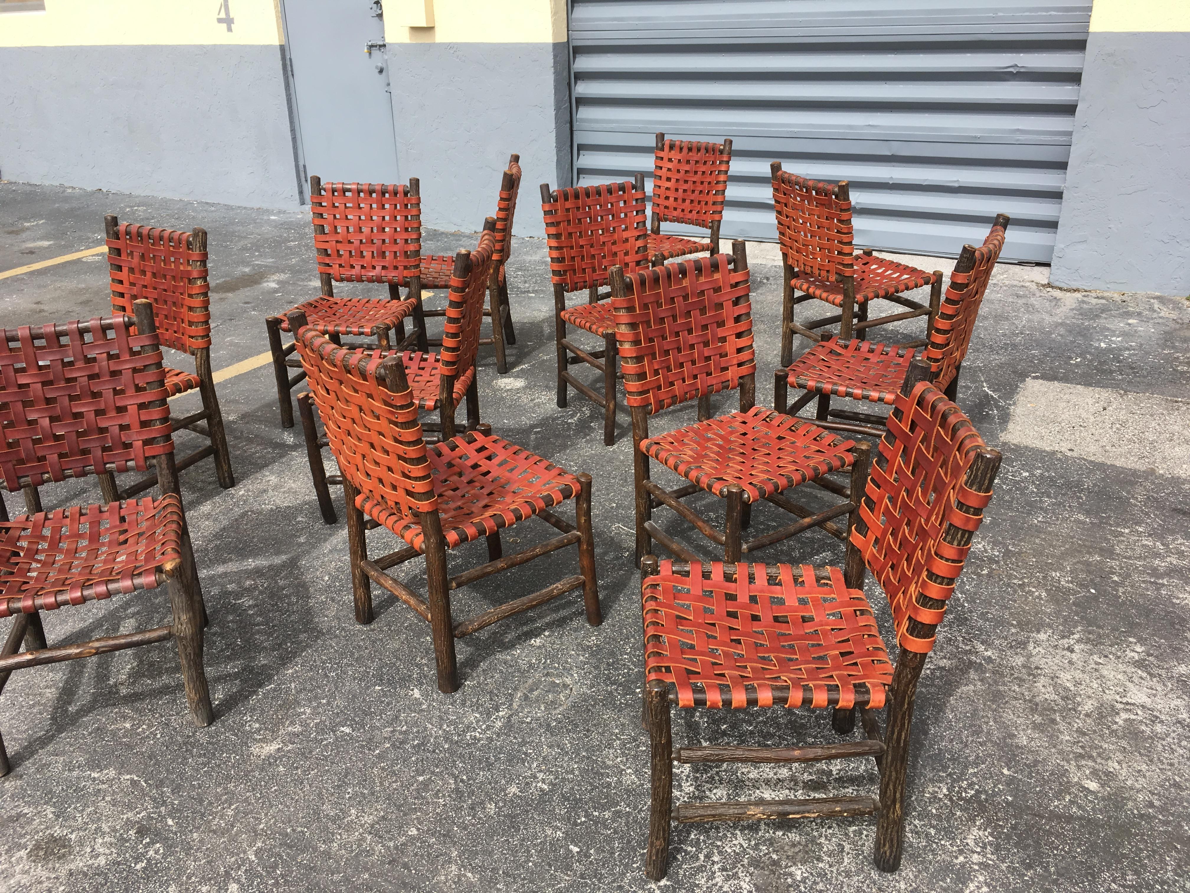 Modern Ten Old Hickory Dining Chairs with Woven Cognac Saddle Leather