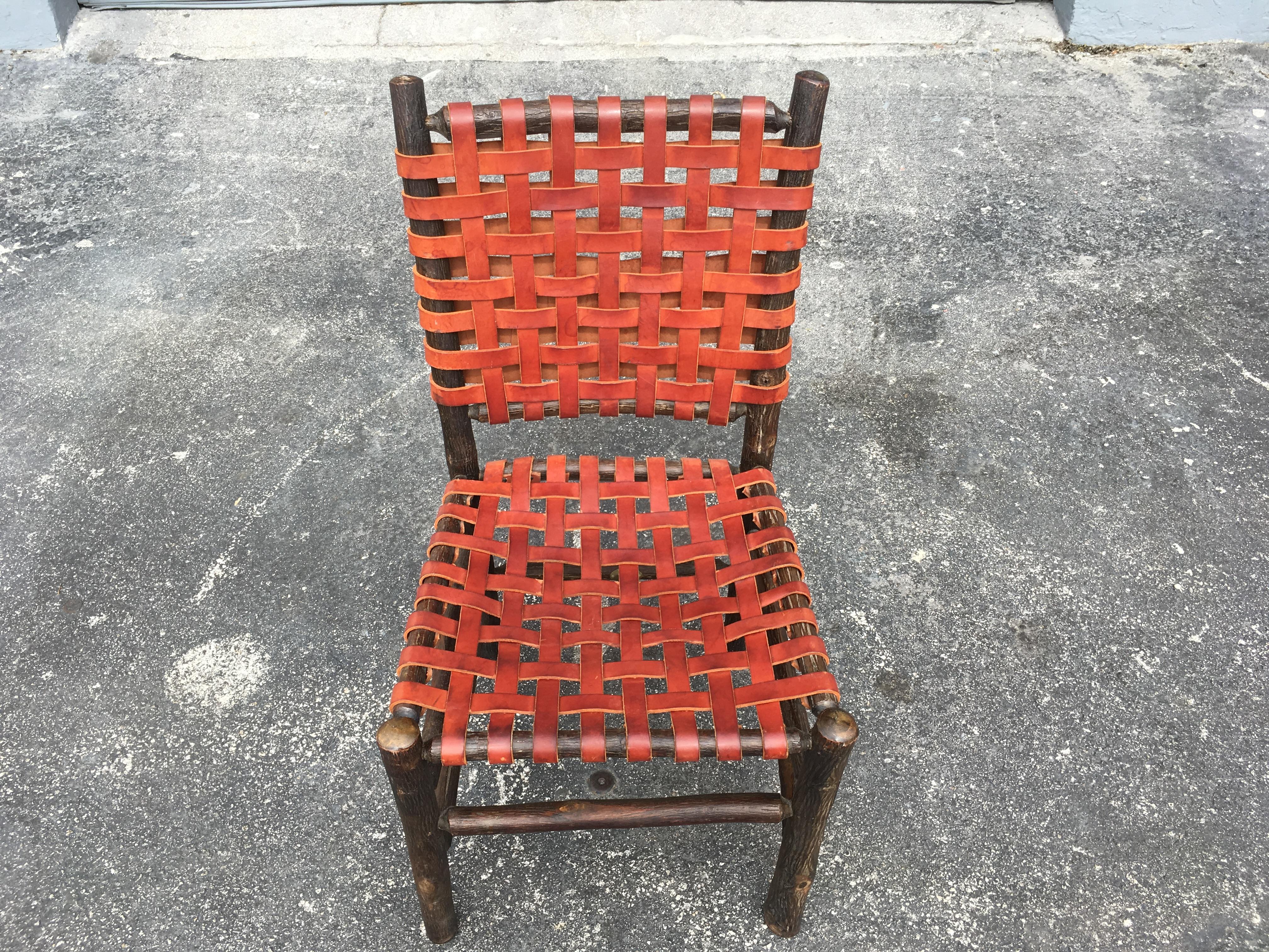 Late 20th Century Ten Old Hickory Dining Chairs with Woven Cognac Saddle Leather