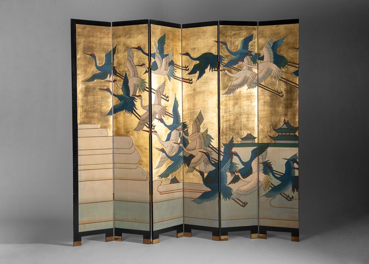 Twelve Panel Folding Screen, Birds in Flight, 20th Century 5