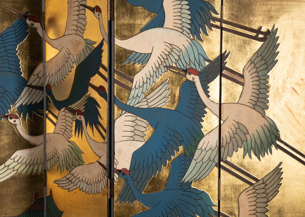 Korean Twelve Panel Folding Screen, Birds in Flight, 20th Century
