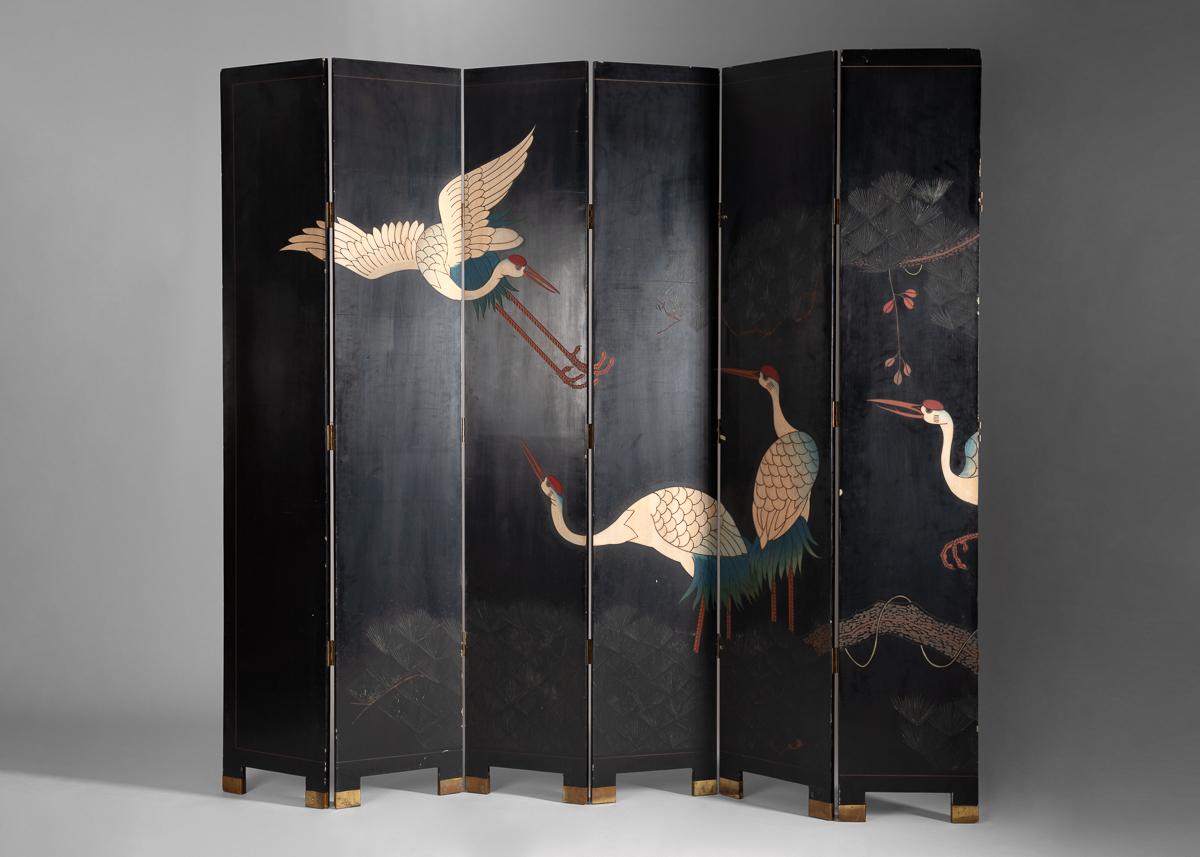 Brass Twelve Panel Folding Screen, Birds in Flight, 20th Century