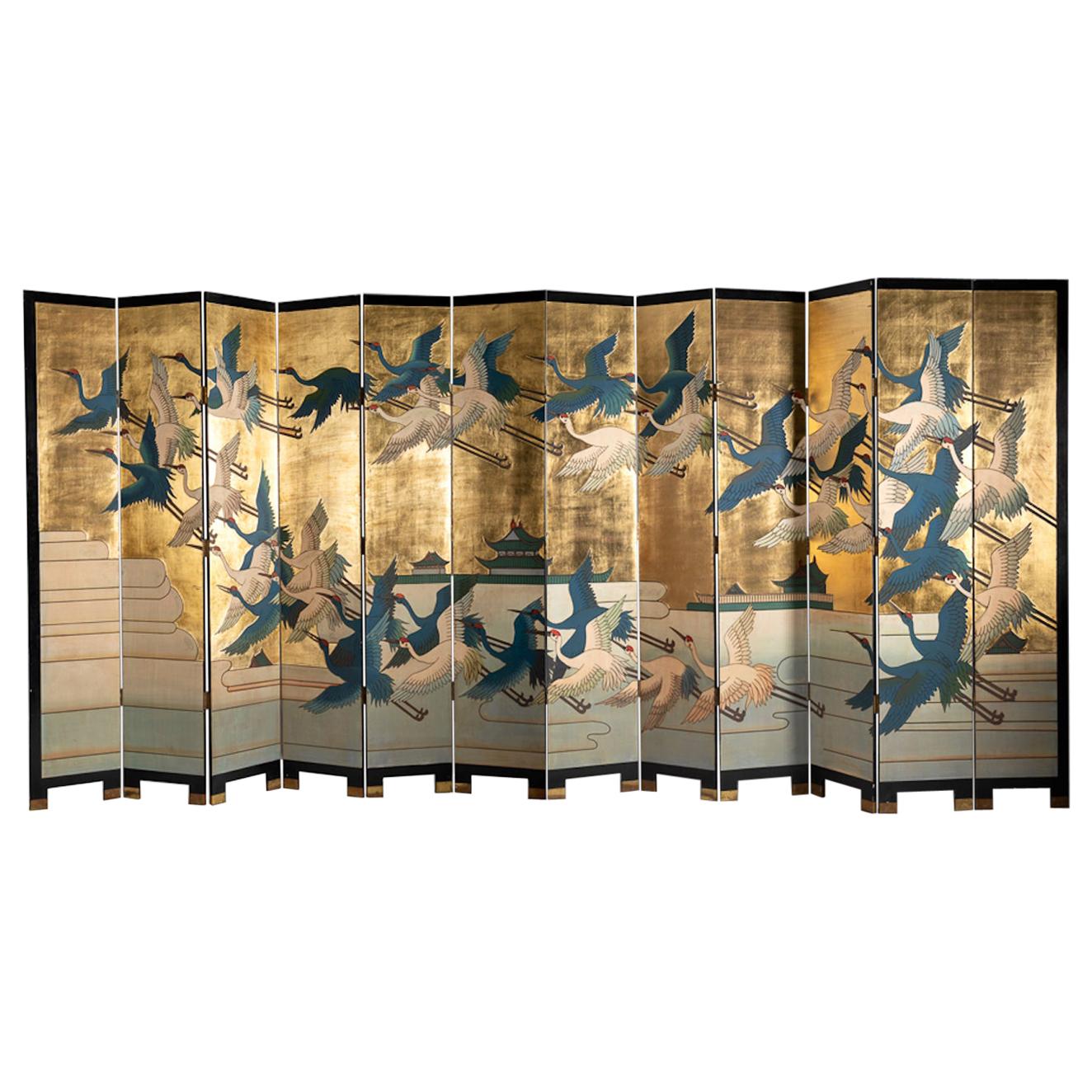 Twelve Panel Folding Screen, Birds in Flight, 20th Century