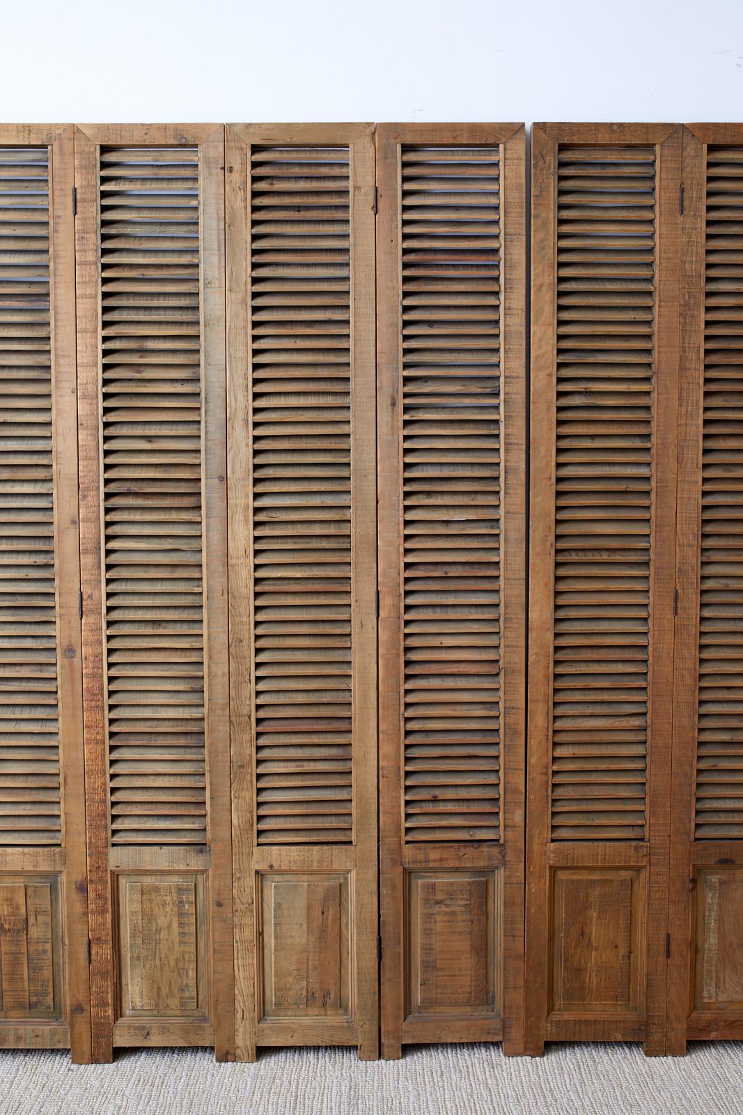 Rustic Twelve-Panel Pine Louvered Shutter Folding Screen