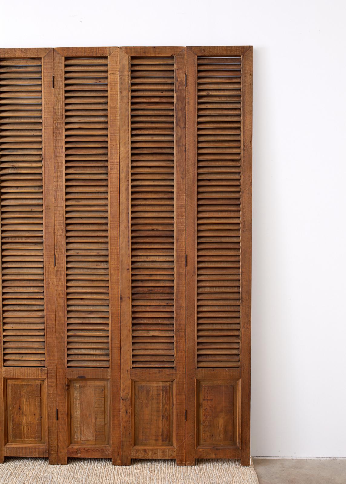 Hand-Crafted Twelve-Panel Pine Louvered Shutter Folding Screen