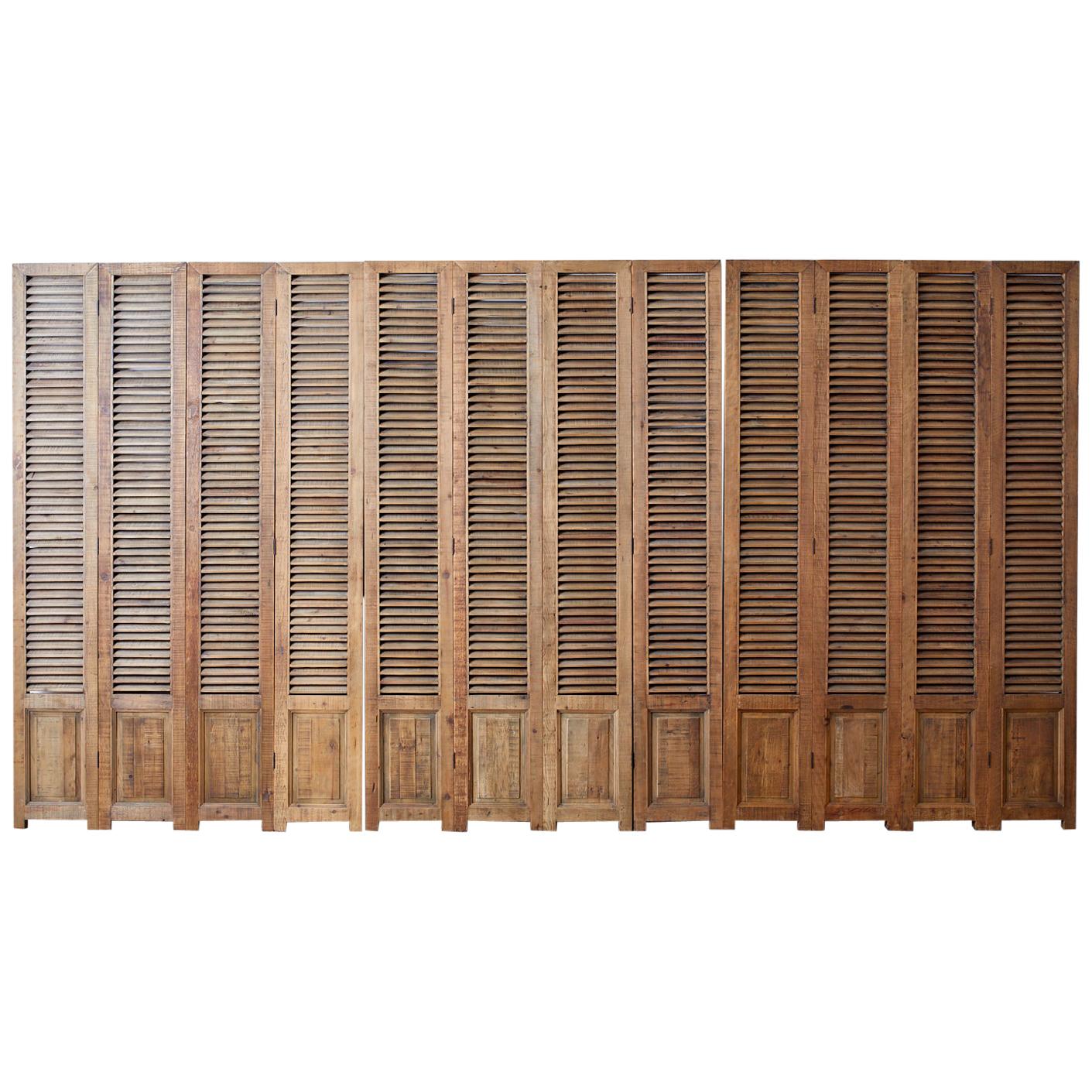 Twelve-Panel Pine Louvered Shutter Folding Screen