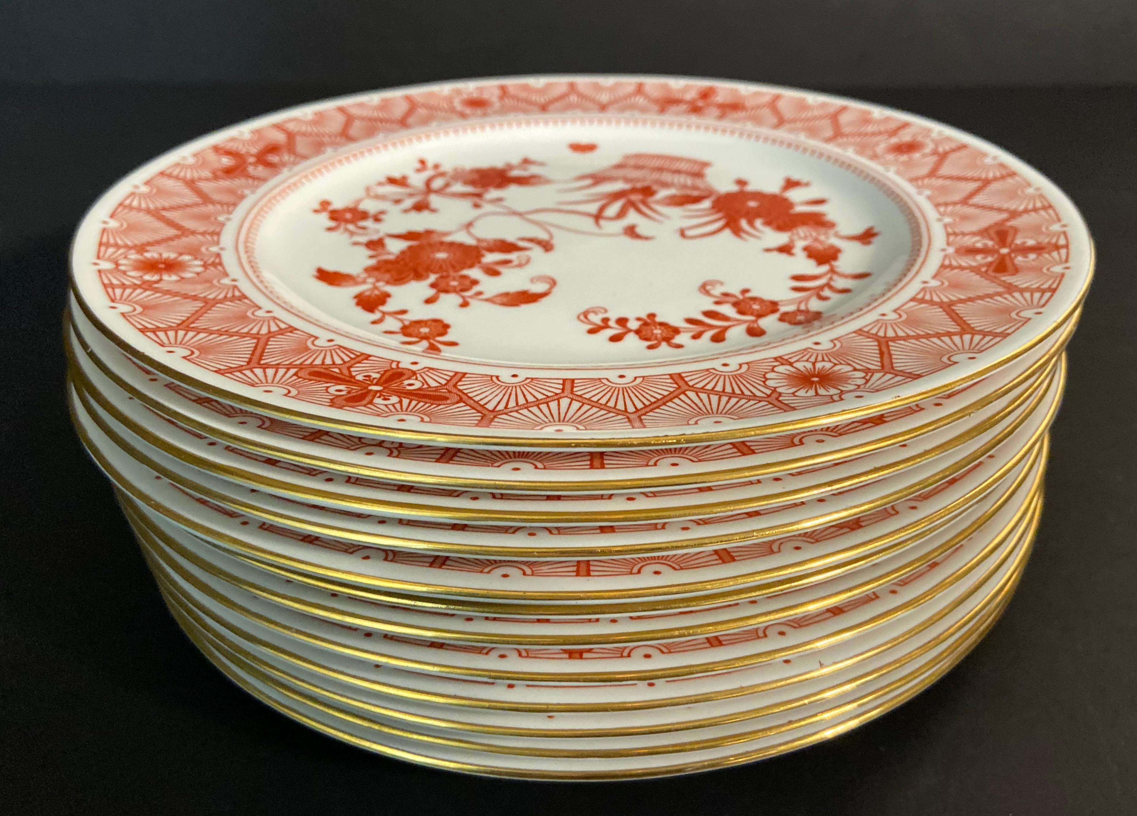 English Twelve Plates by Royal Crown Derby Chandos Pattern Burnt Orange and White