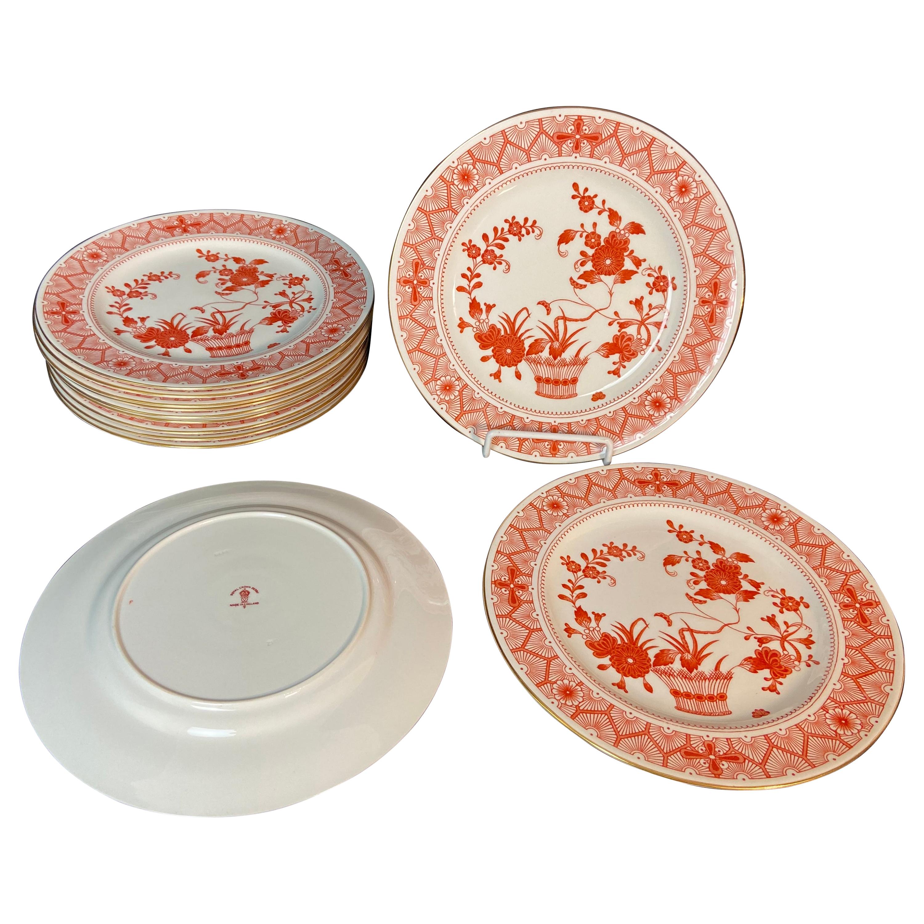 Twelve Plates by Royal Crown Derby Chandos Pattern Burnt Orange and White